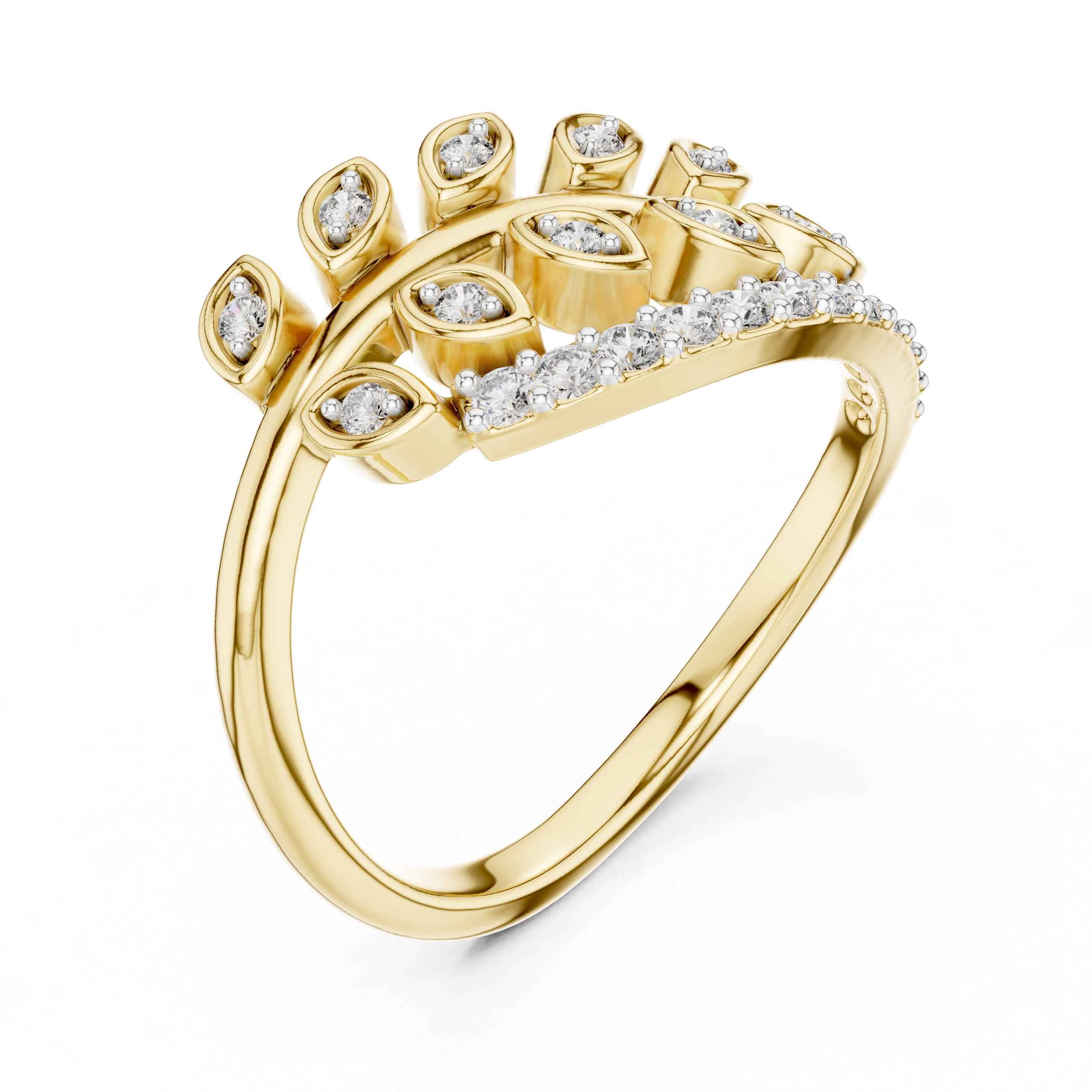 Round Cut Diamond Leaf Motif Side Stone Ring