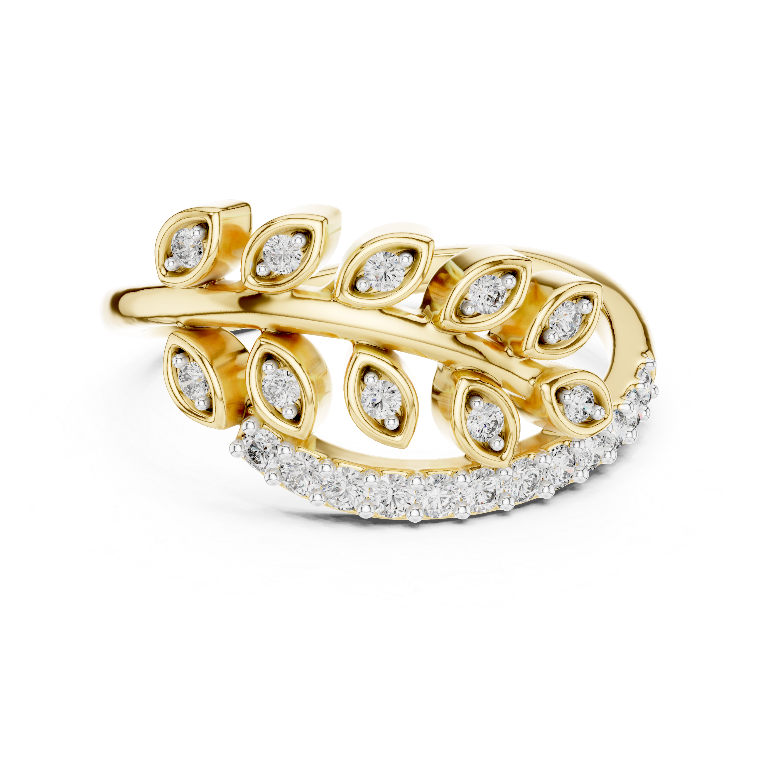 Round Cut Diamond Leaf Motif Side Stone Ring