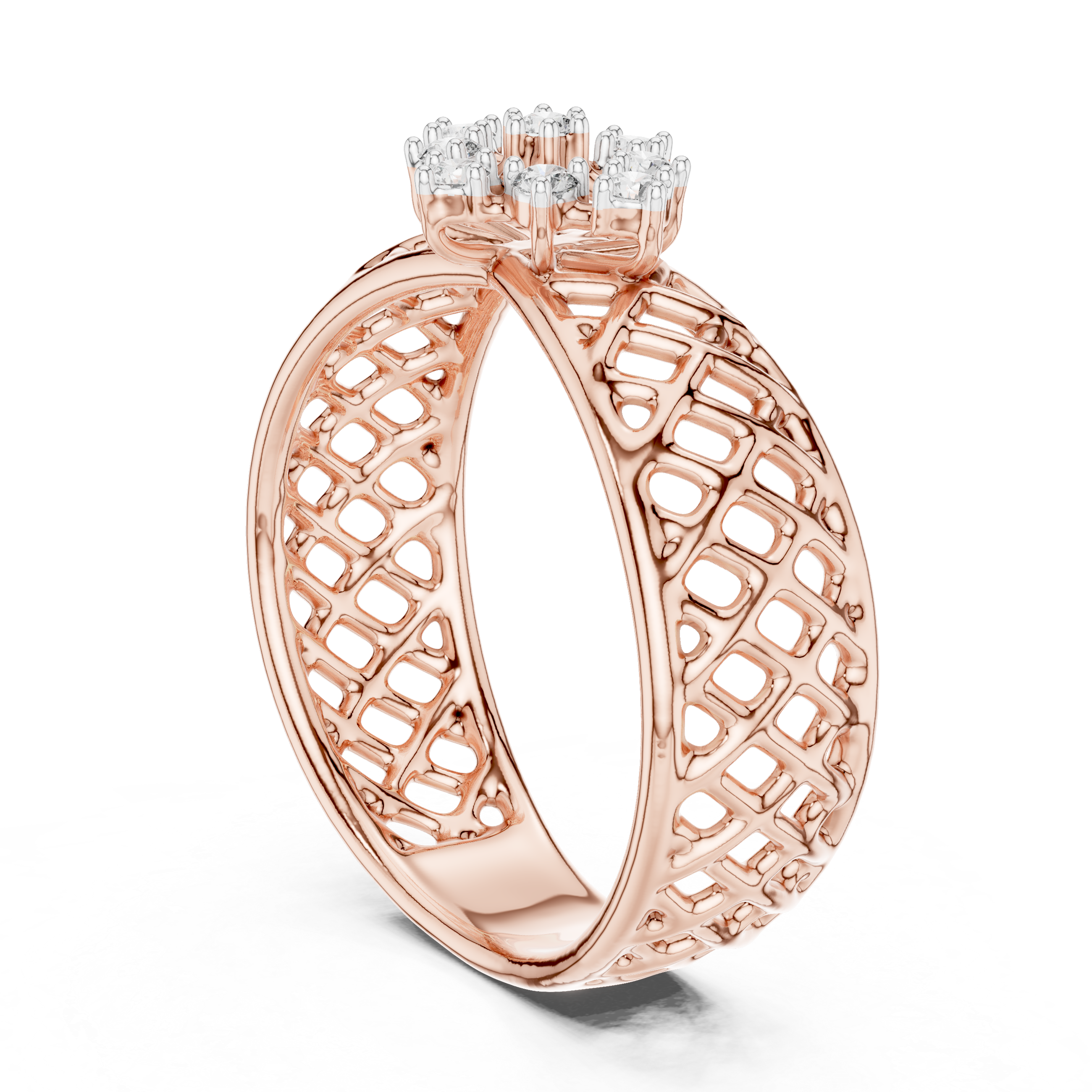 Round Cut Diamond Floral Cluster Lattice Band Ring