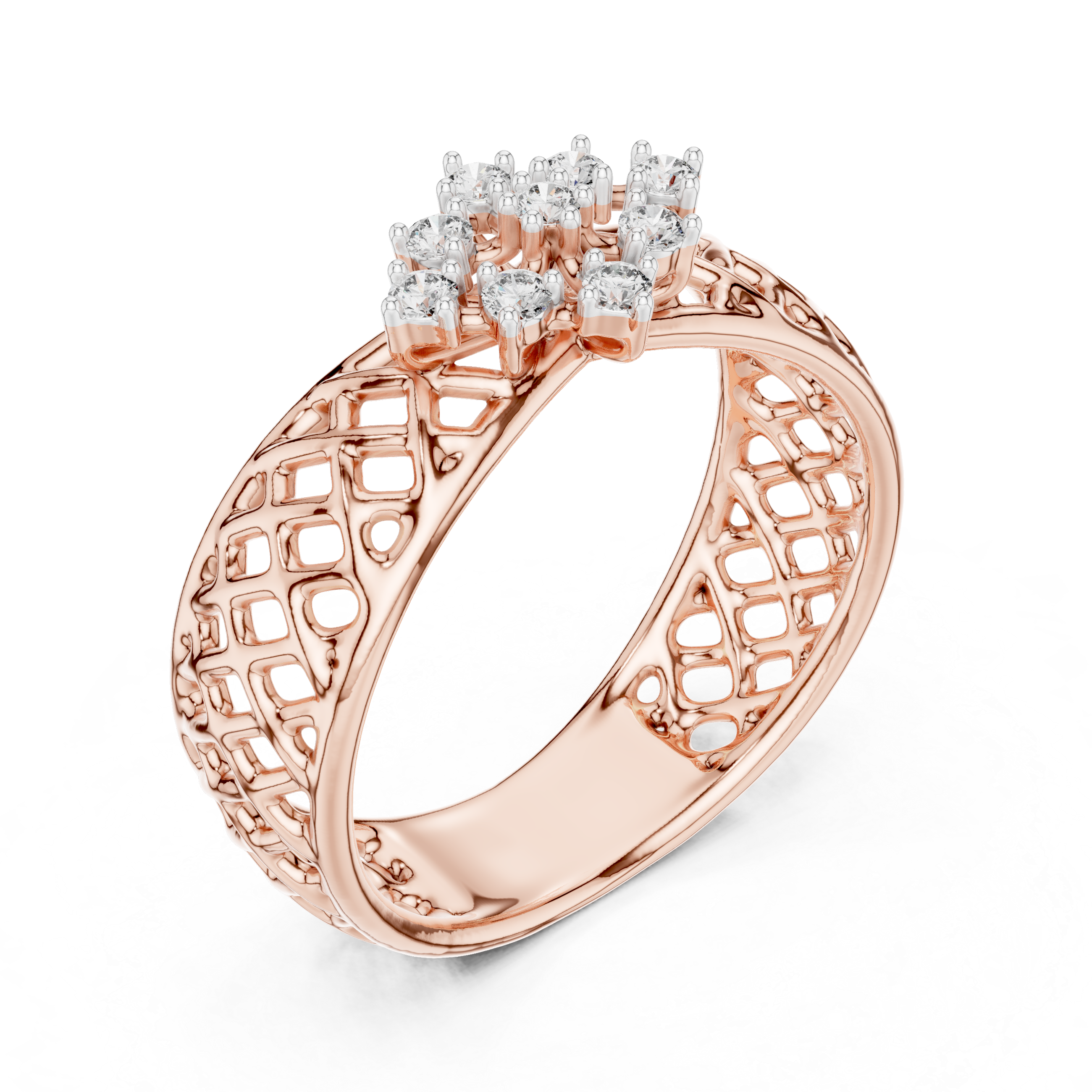 Round Cut Diamond Floral Cluster Lattice Band Ring