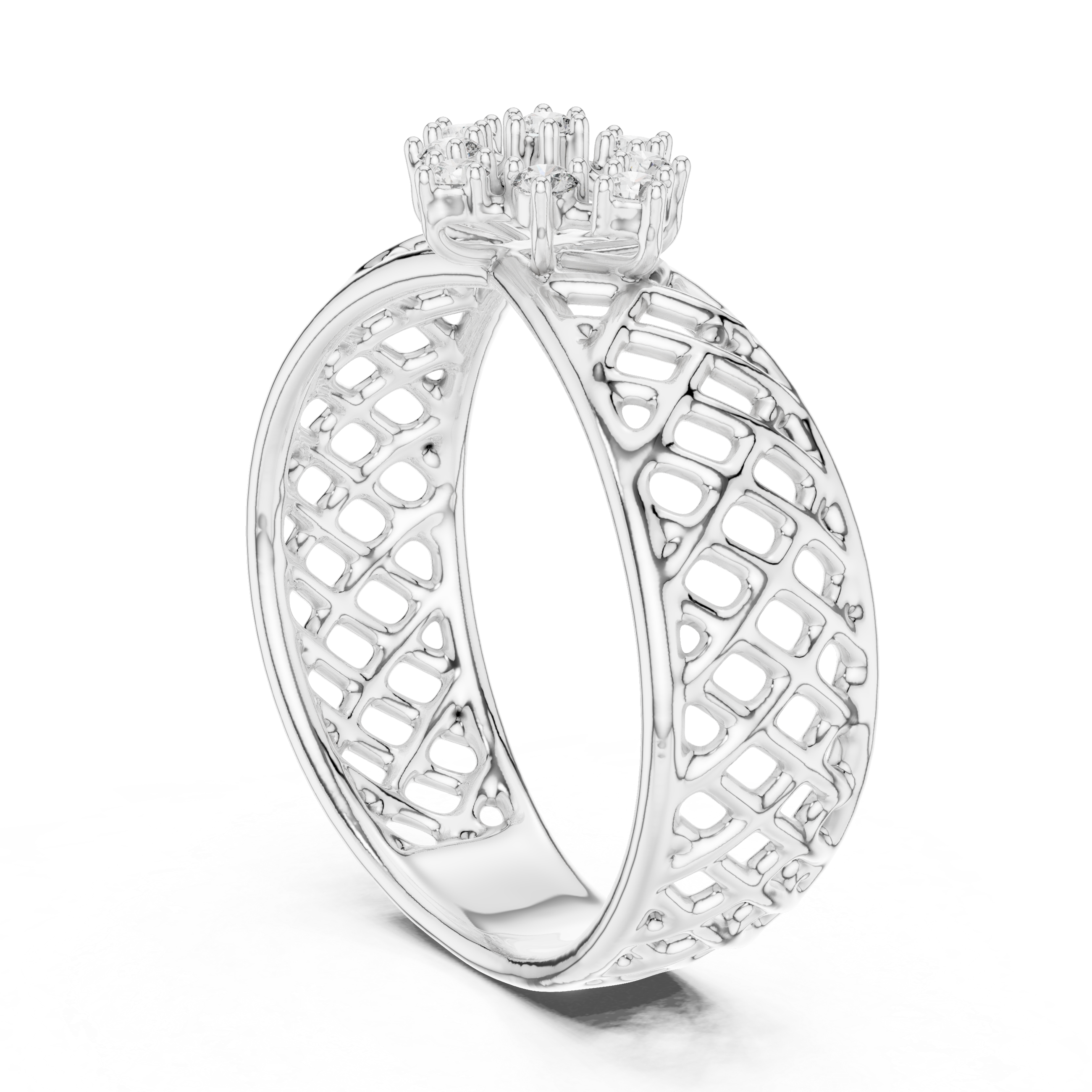Round Cut Diamond Floral Cluster Lattice Band Ring