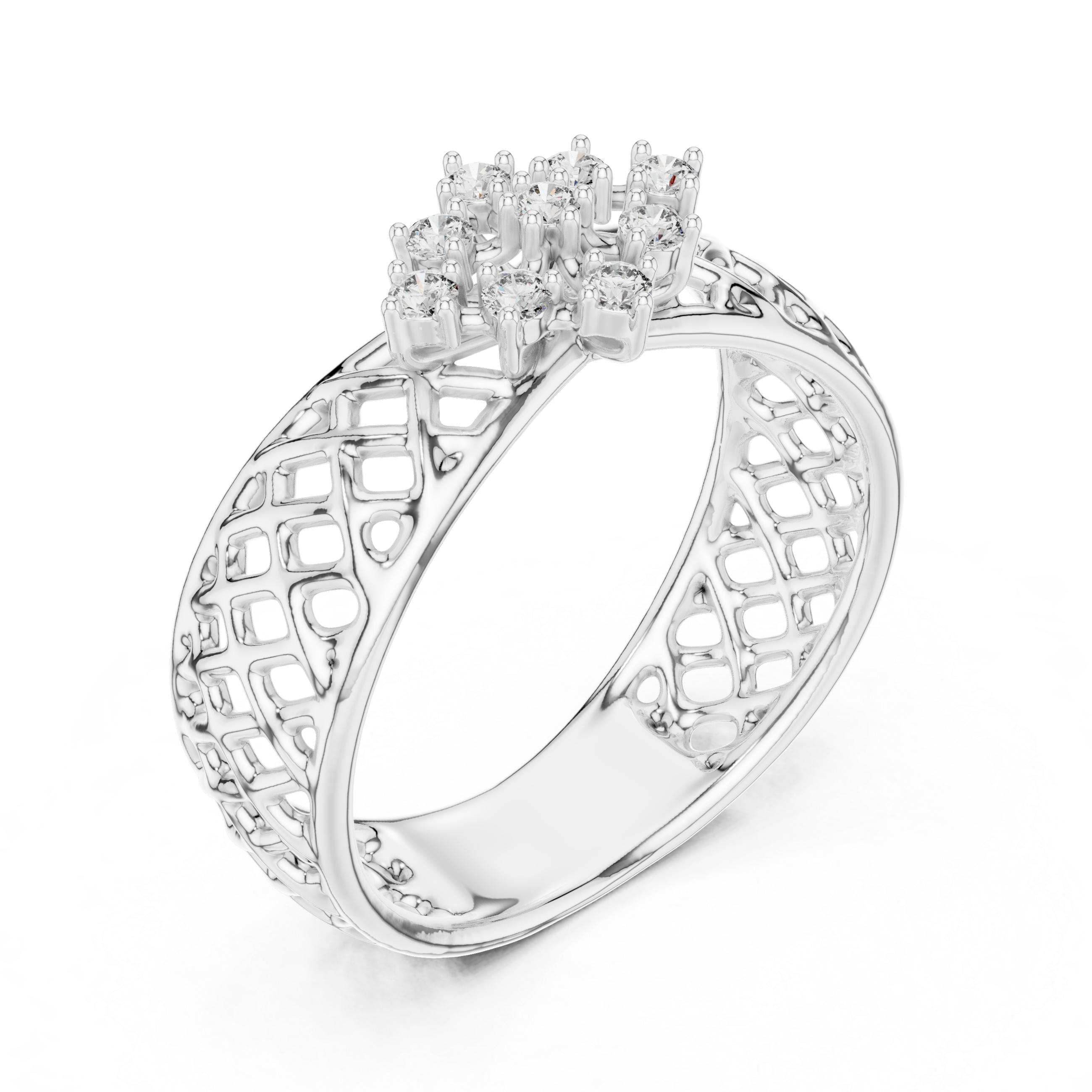 Round Cut Diamond Floral Cluster Lattice Band Ring