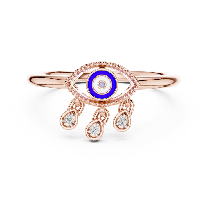 Round Cut Diamond Evil Eye Motif Dangling Charm Ring