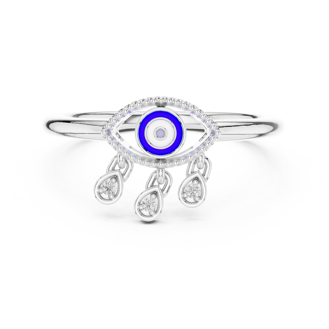 Round Cut Diamond Evil Eye Motif Dangling Charm Ring