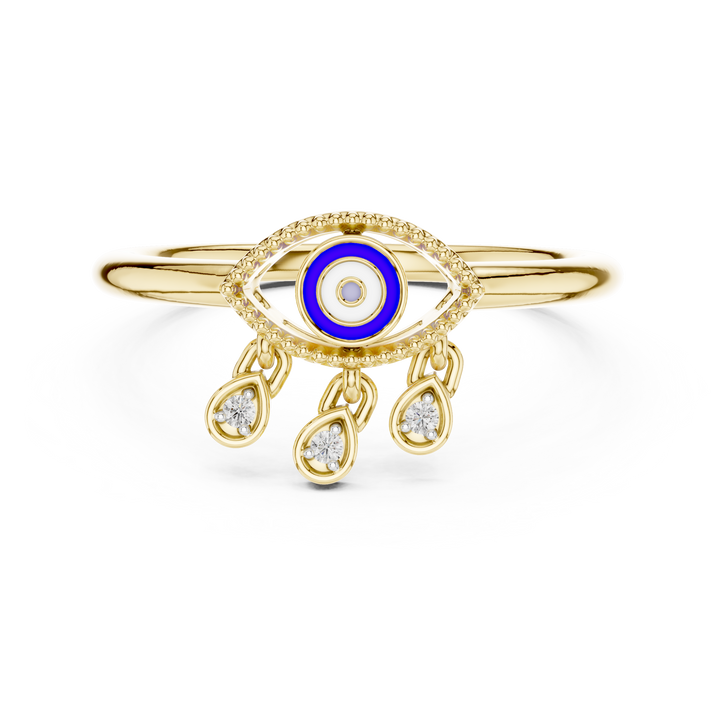 Round Cut Diamond Evil Eye Motif Dangling Charm Ring