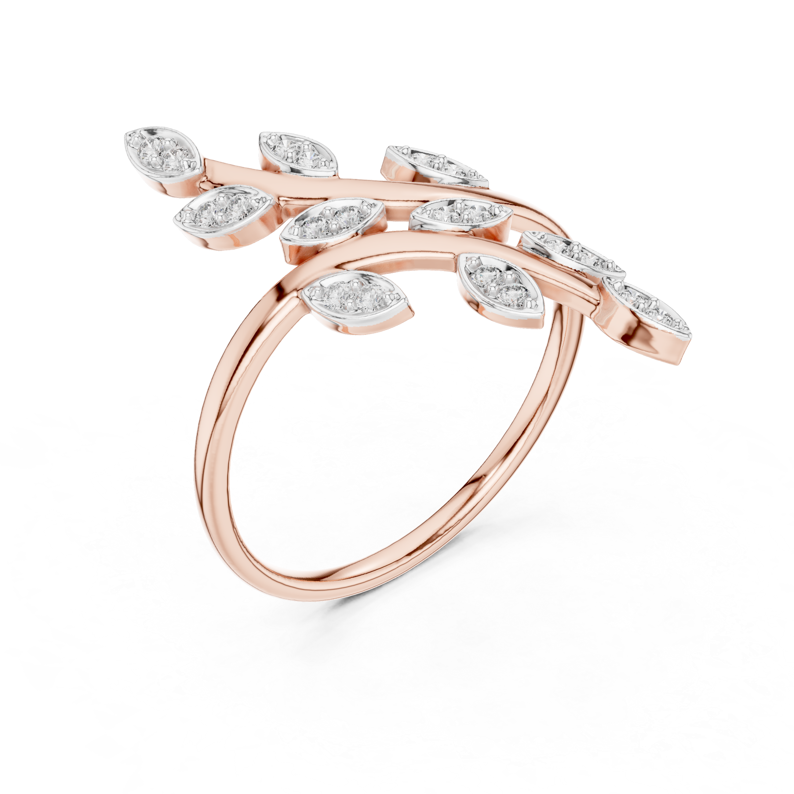 Round Cut Diamond Leaf Branch Twist Ring