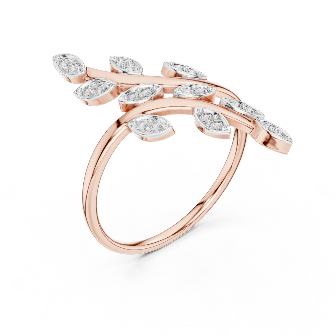 Round Cut Diamond Leaf Branch Twist Ring