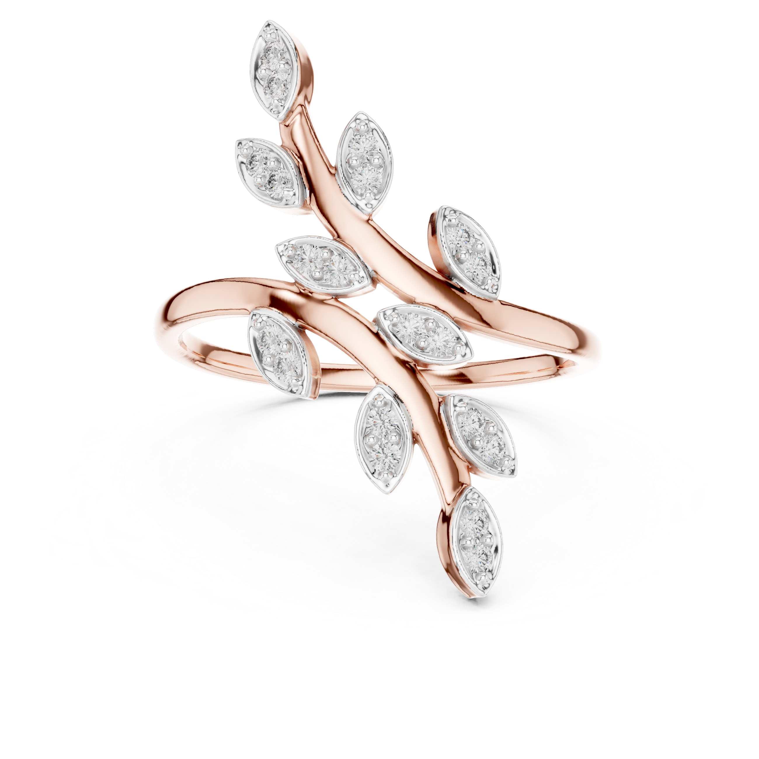 Round Cut Diamond Leaf Branch Twist Ring