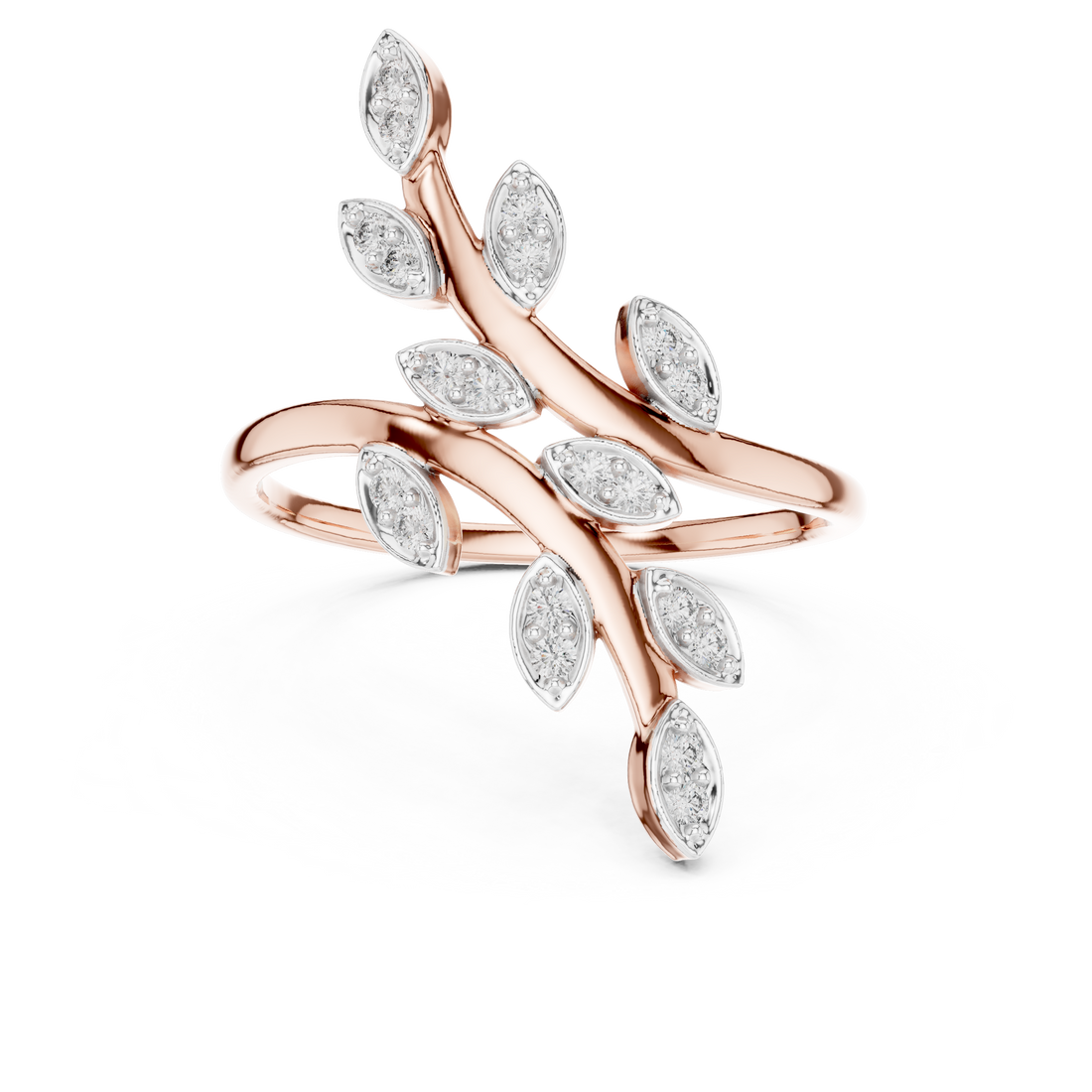 Round Cut Diamond Leaf Branch Twist Ring