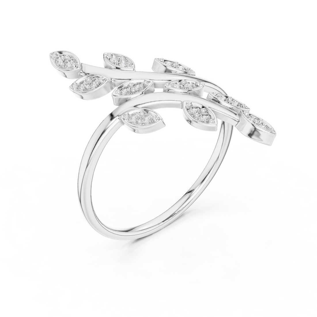 Round Cut Diamond Leaf Branch Twist Ring
