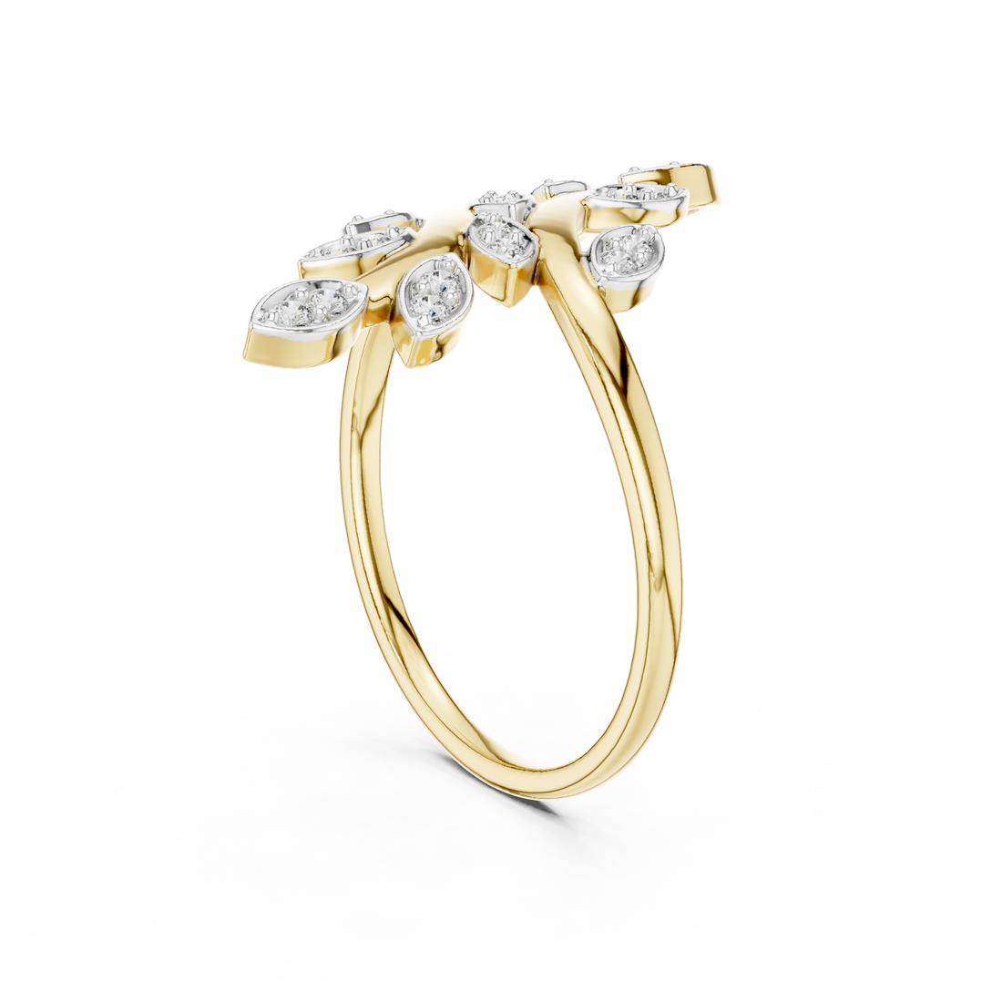 Round Cut Diamond Leaf Branch Twist Ring