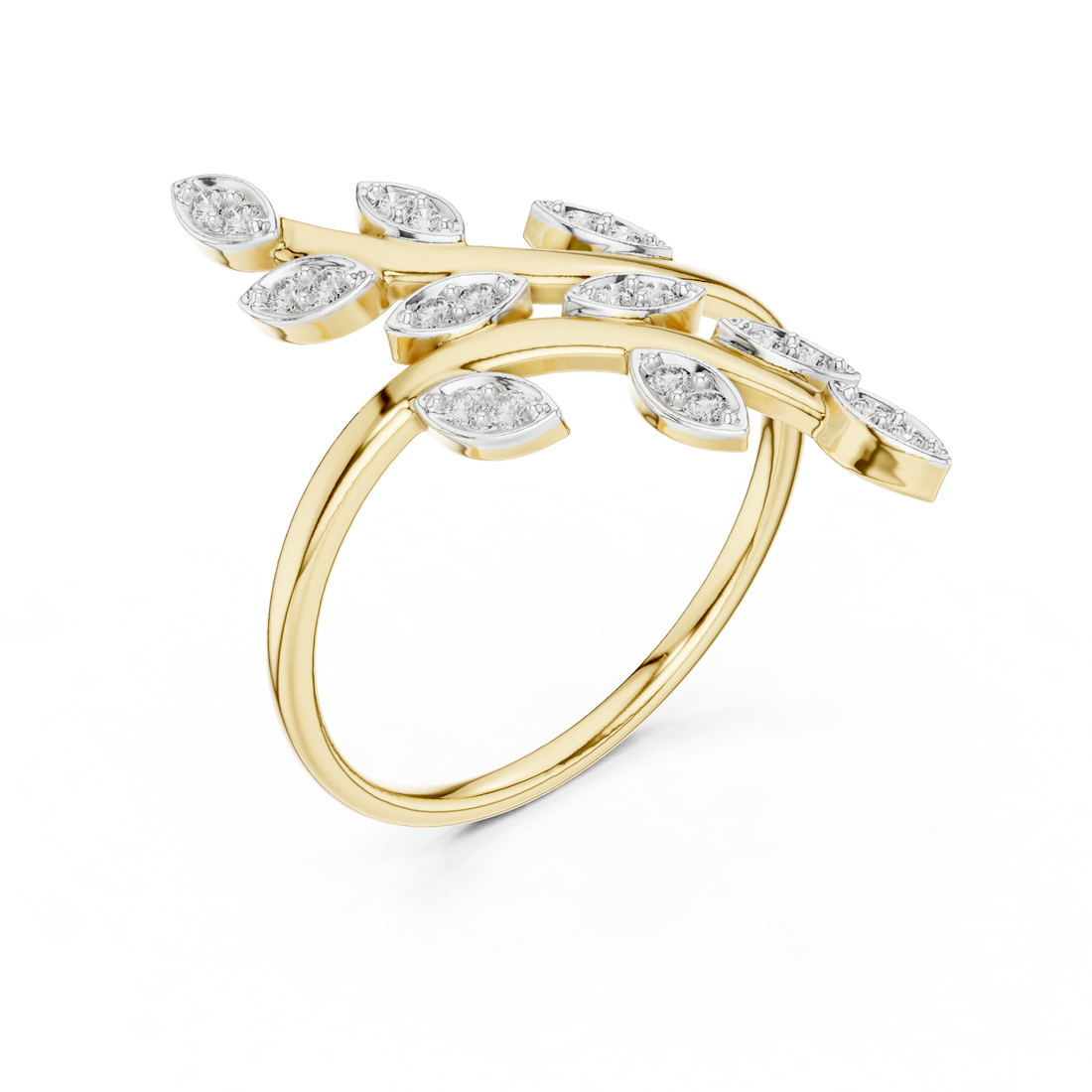 Round Cut Diamond Leaf Branch Twist Ring