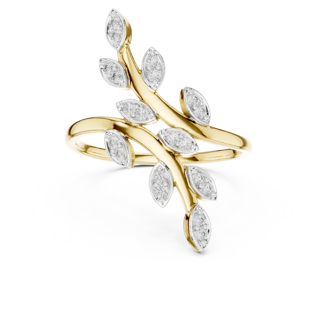 Round Cut Diamond Leaf Branch Twist Ring
