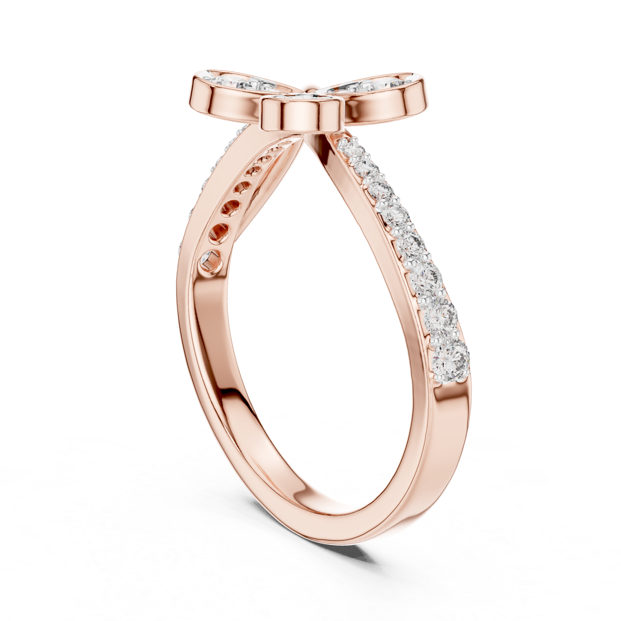 Round Cut Diamond Butterfly Twist Side Stone Ring