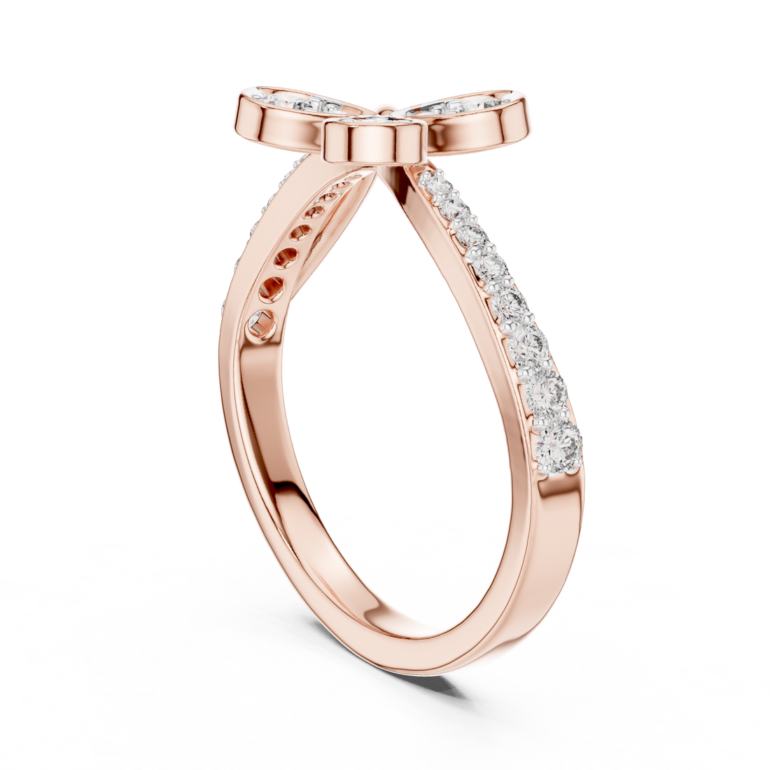 Round Cut Diamond Butterfly Twist Side Stone Ring