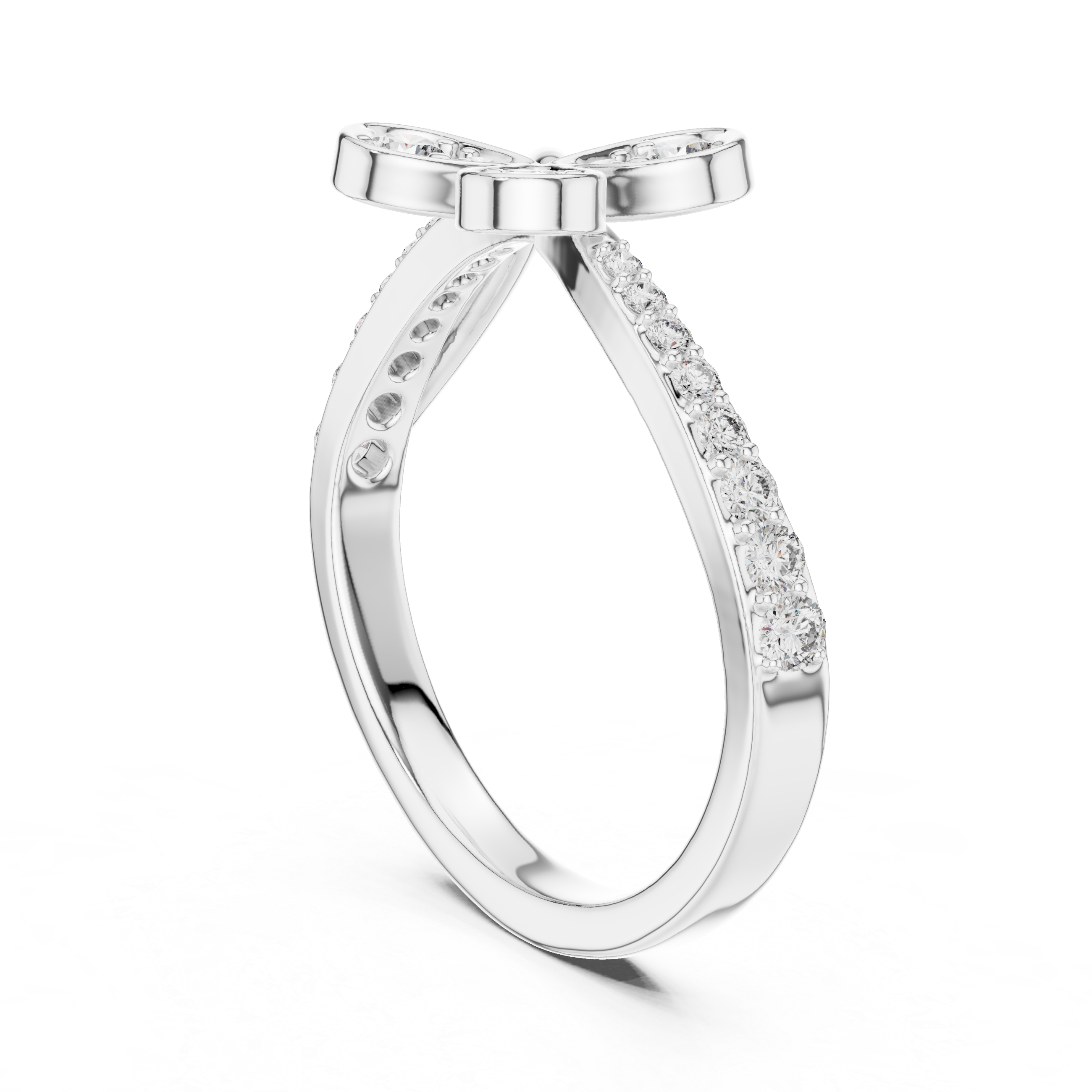 Round Cut Diamond Butterfly Twist Side Stone Ring