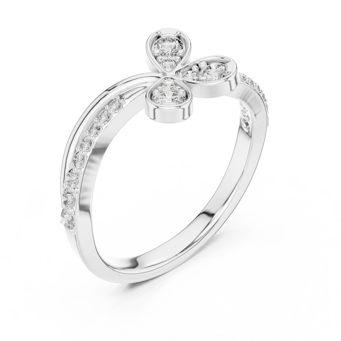 Round Cut Diamond Butterfly Twist Side Stone Ring