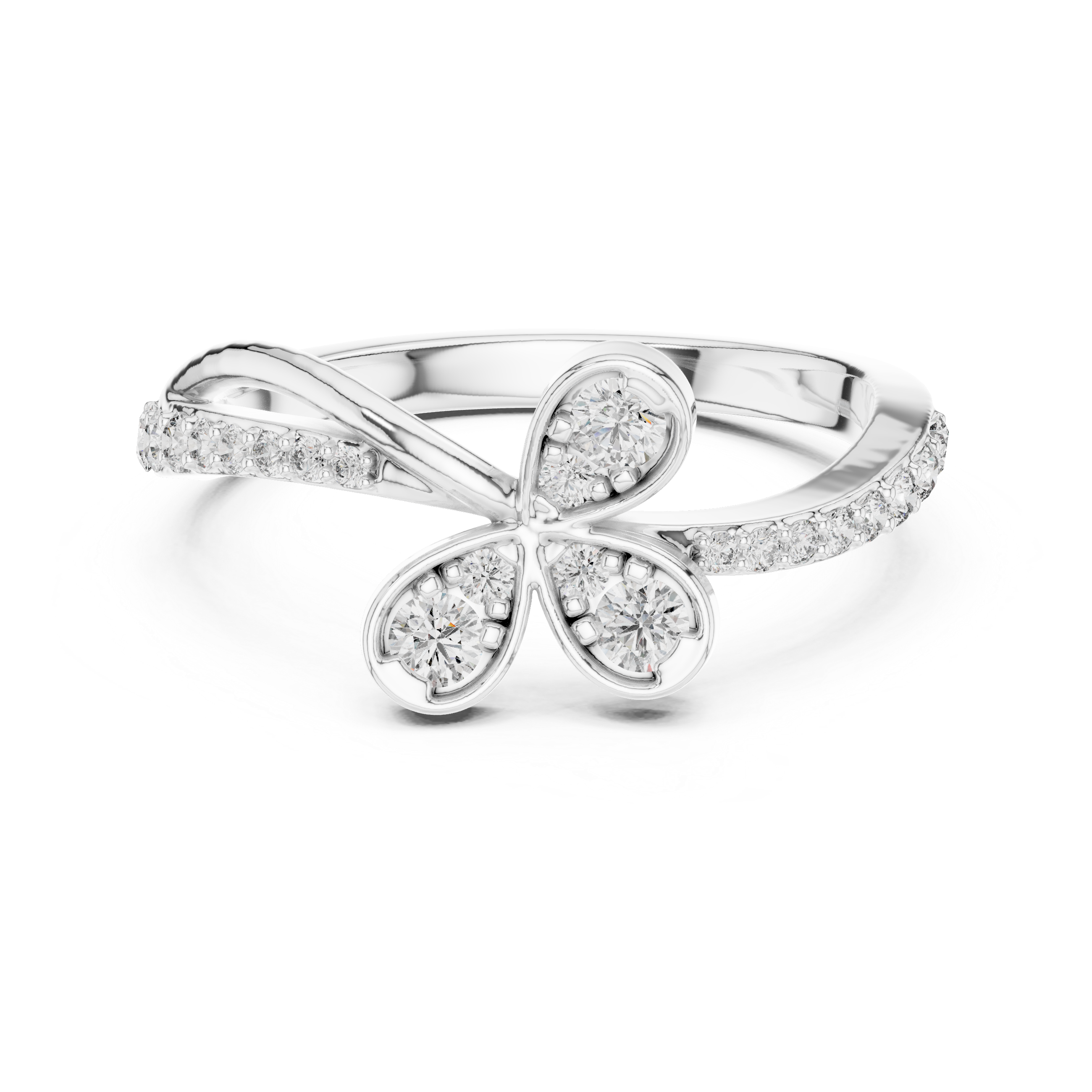 Round Cut Diamond Butterfly Twist Side Stone Ring