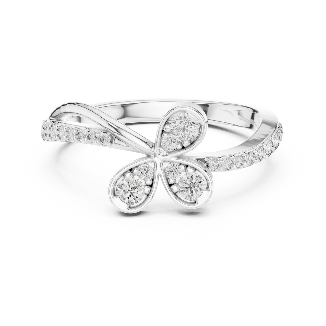 Round Cut Diamond Butterfly Twist Side Stone Ring