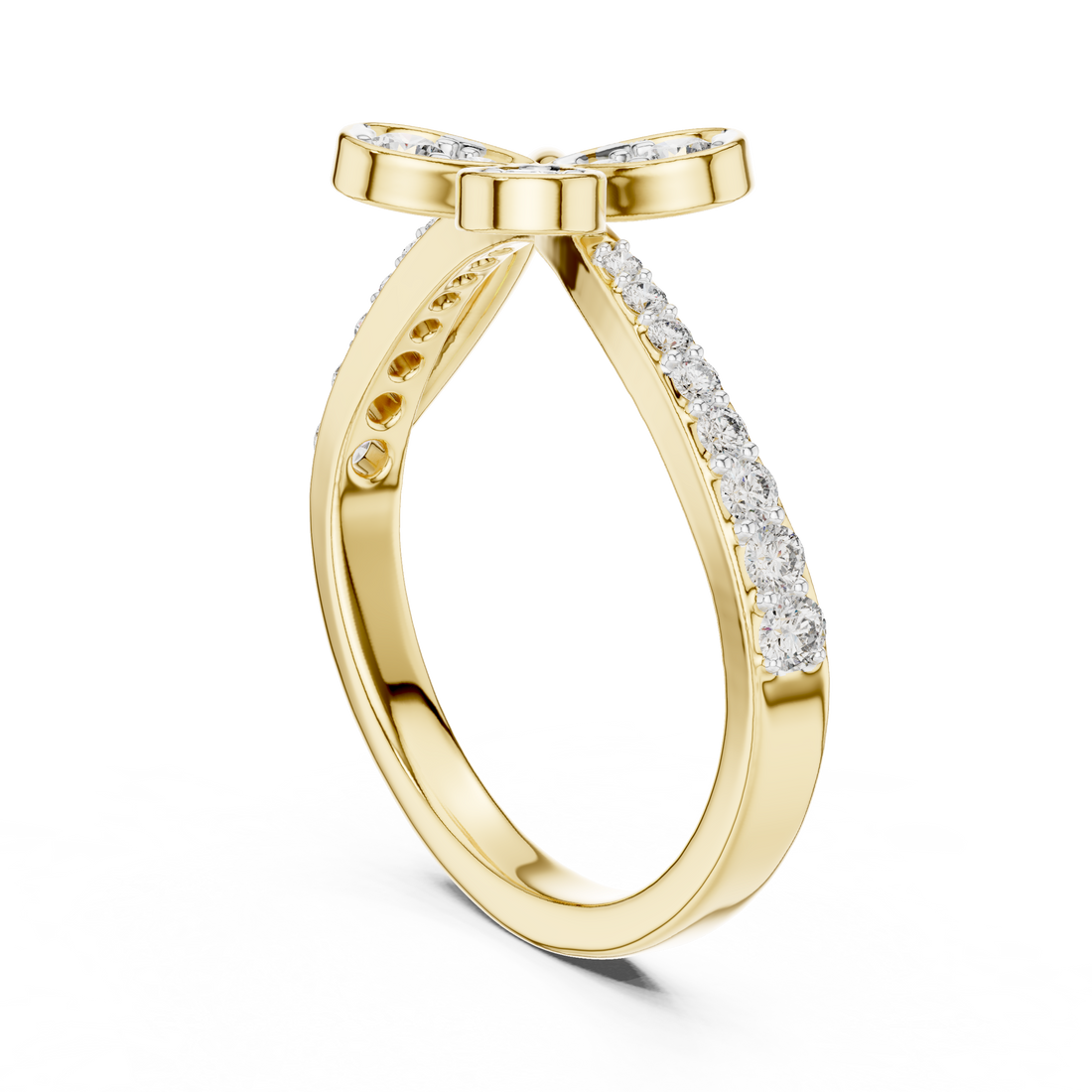 Round Cut Diamond Butterfly Twist Side Stone Ring