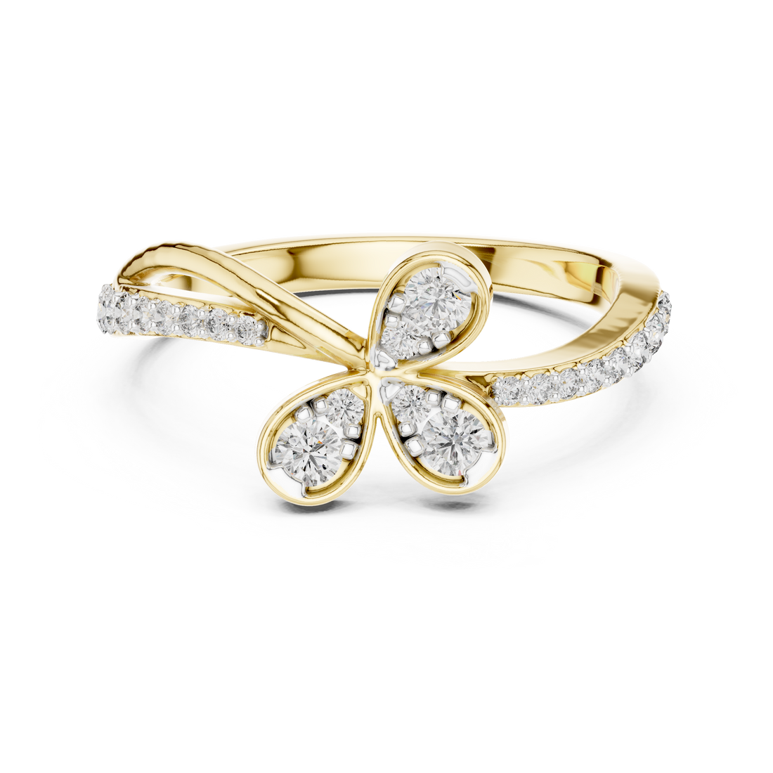 Round Cut Diamond Butterfly Twist Side Stone Ring
