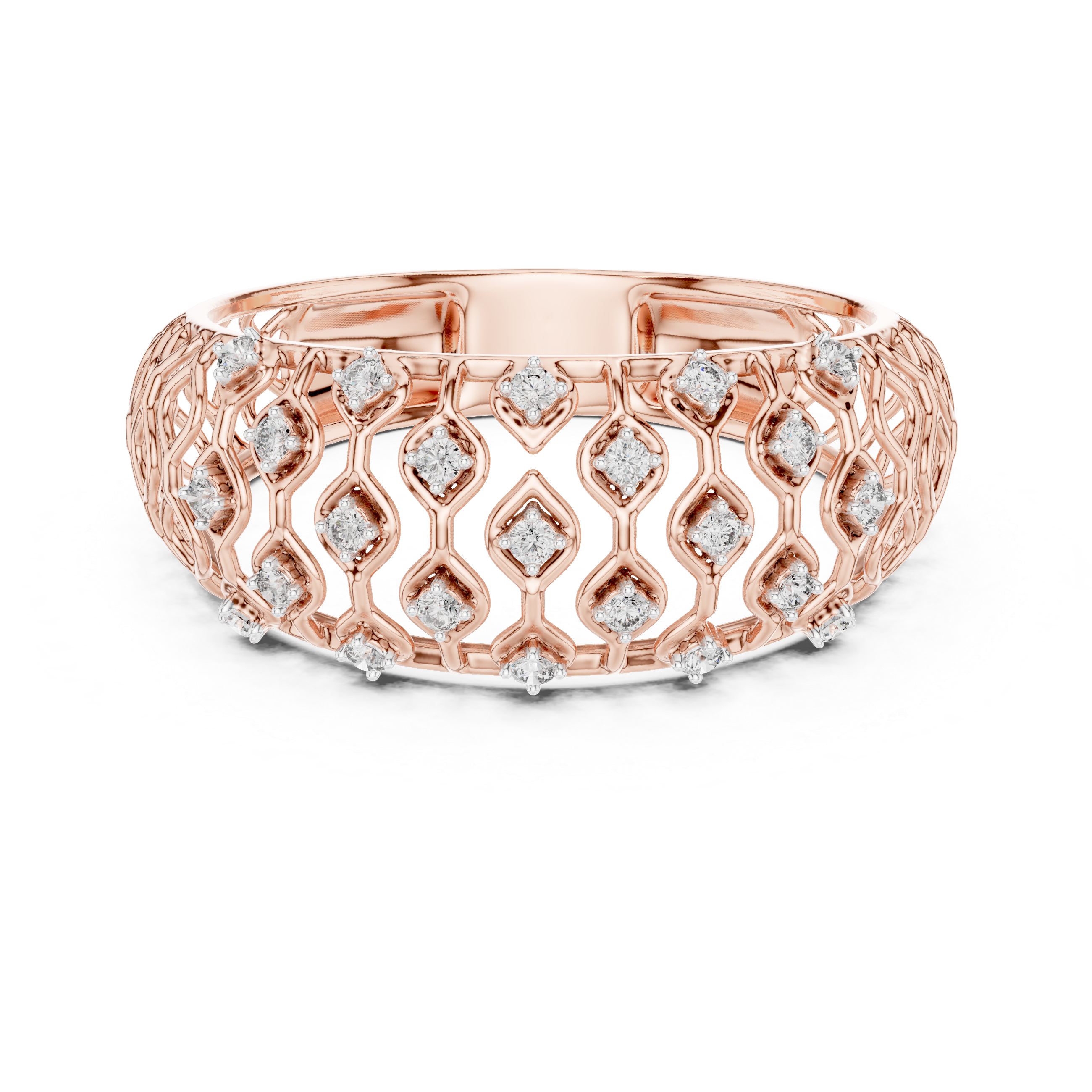 Round Cut Diamond Lattice Wide Band Ring