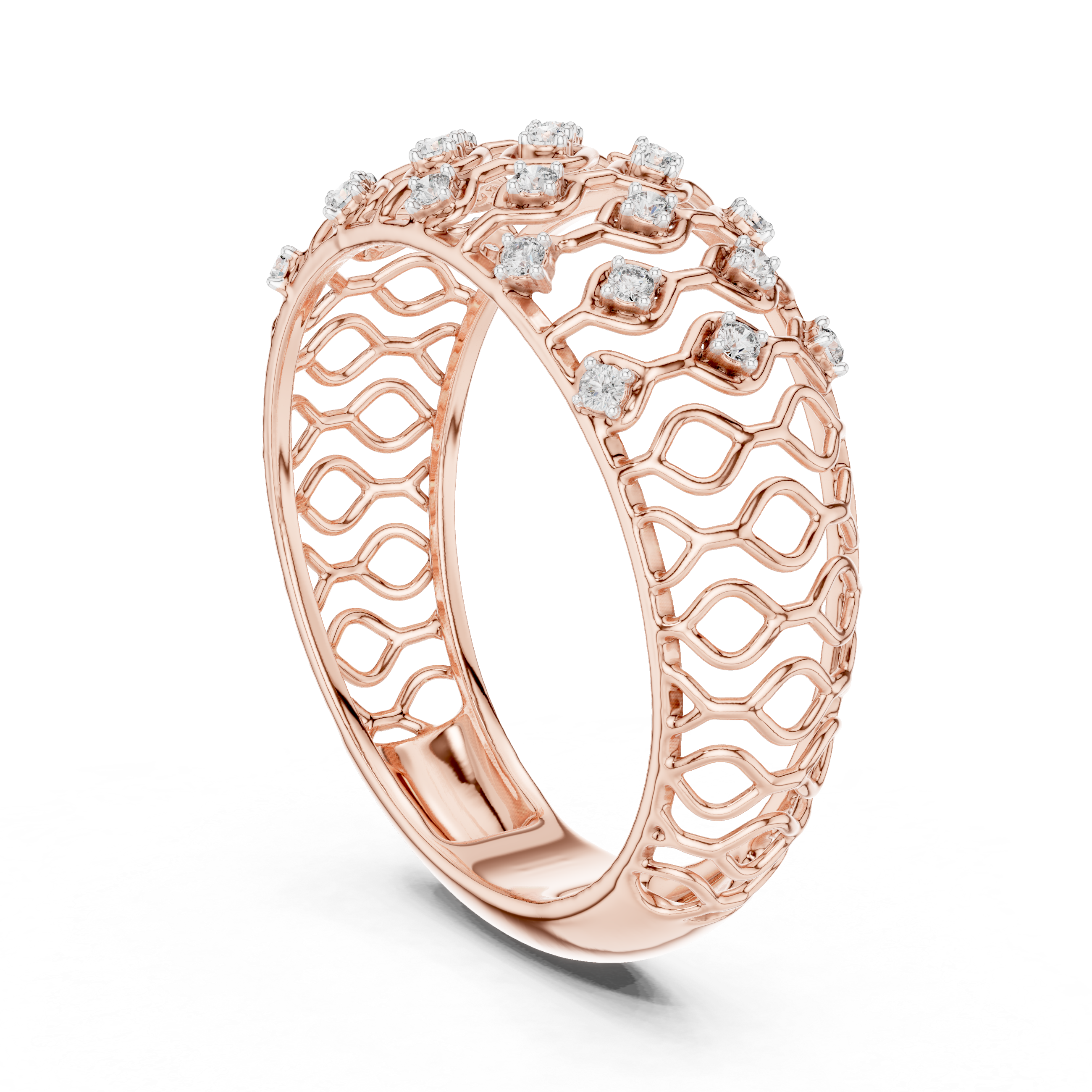 Round Cut Diamond Lattice Wide Band Ring