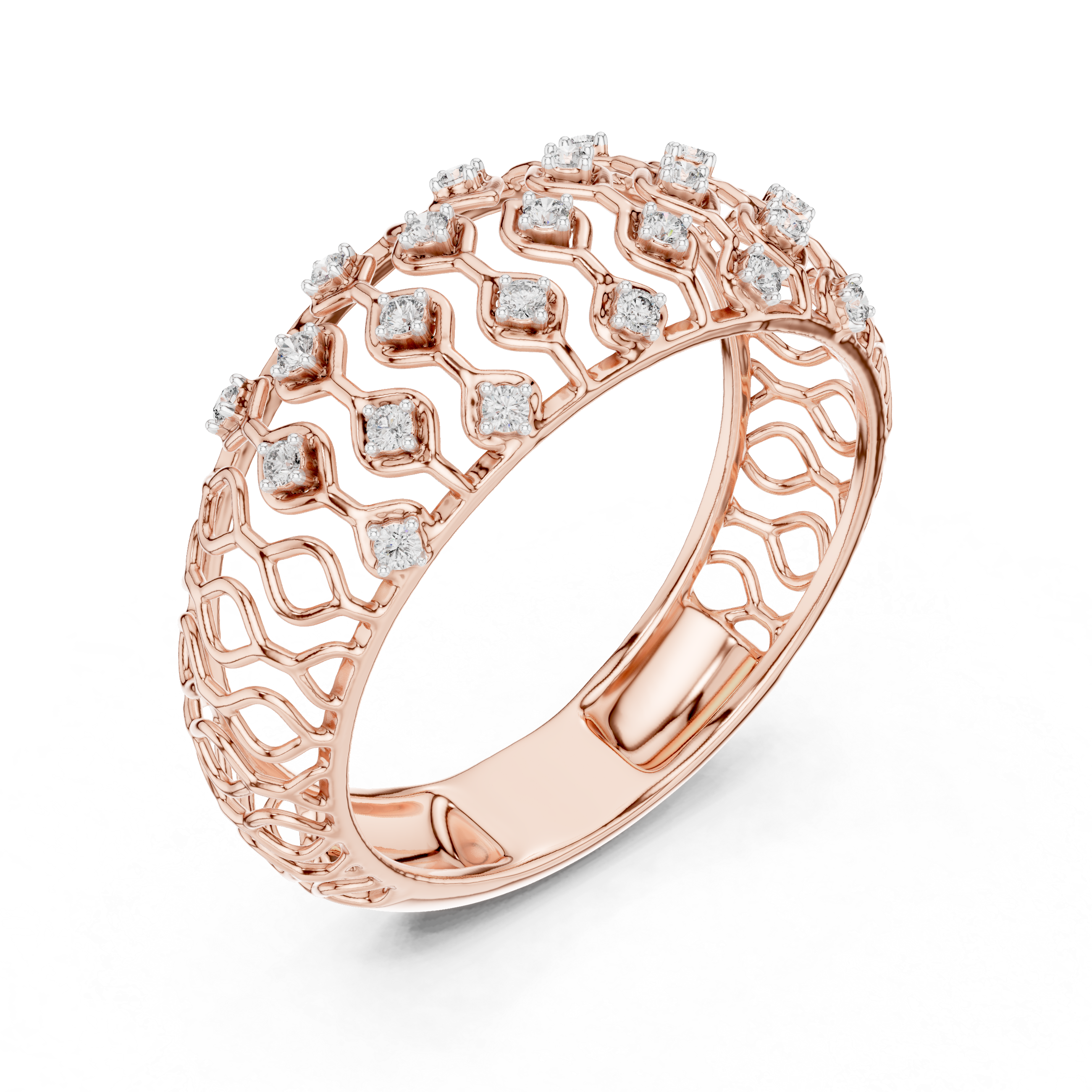 Round Cut Diamond Lattice Wide Band Ring