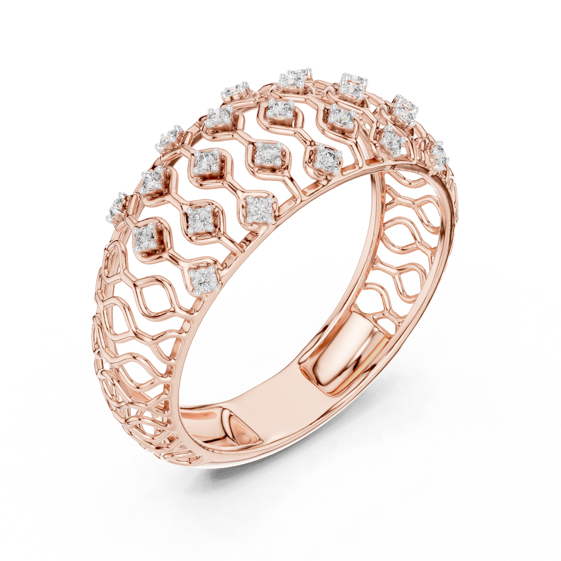 Round Cut Diamond Lattice Wide Band Ring