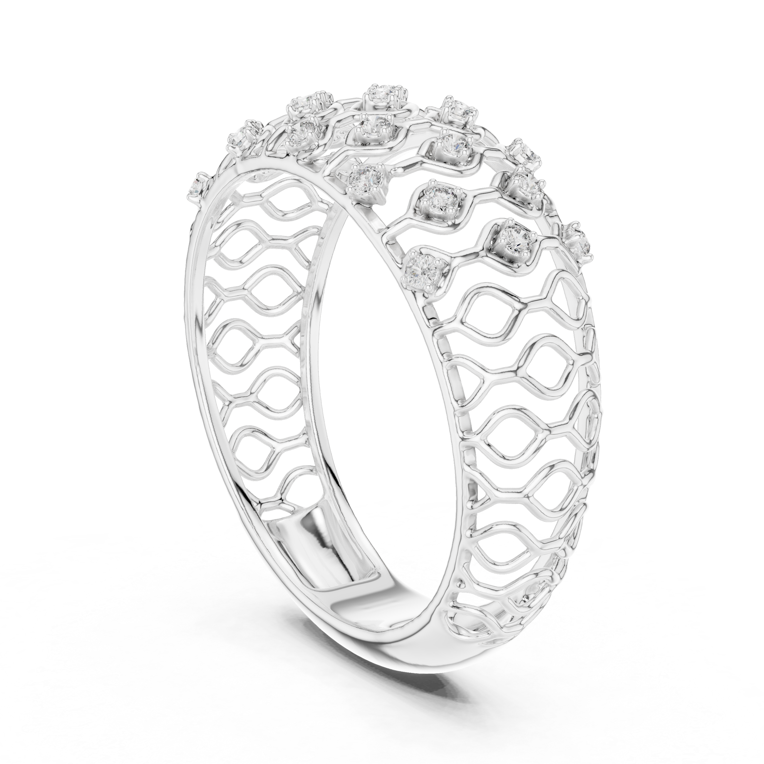 Round Cut Diamond Lattice Wide Band Ring