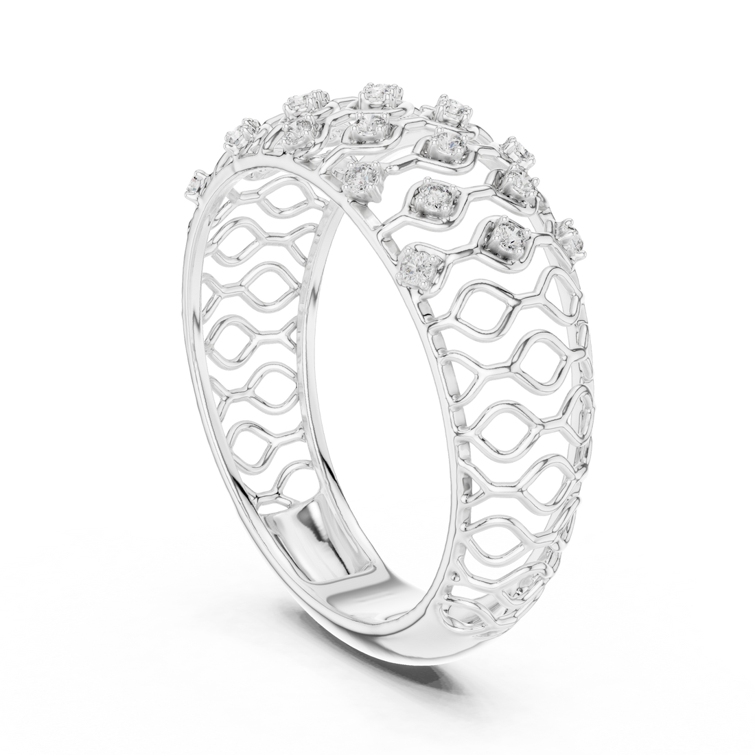 Round Cut Diamond Lattice Wide Band Ring