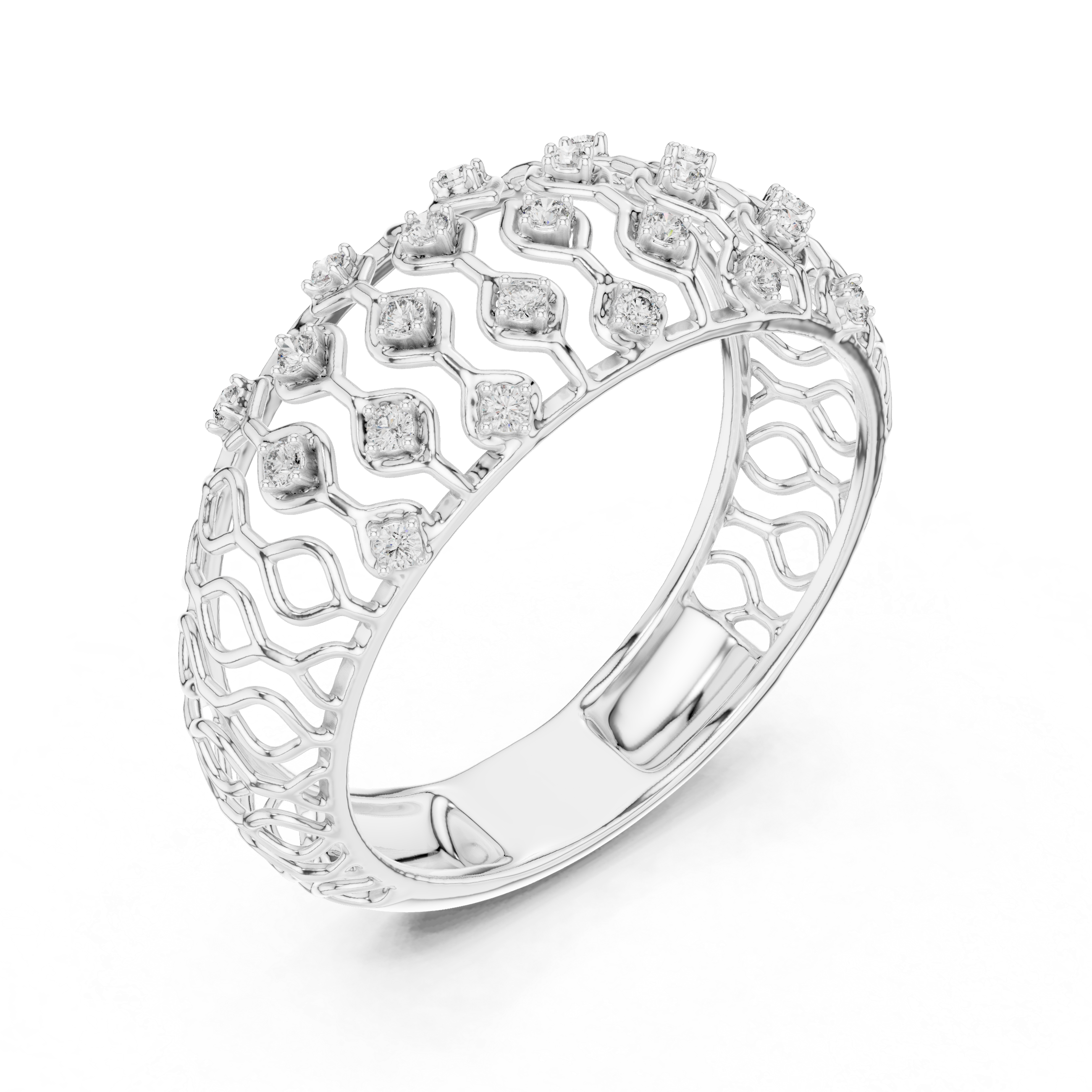 Round Cut Diamond Lattice Wide Band Ring