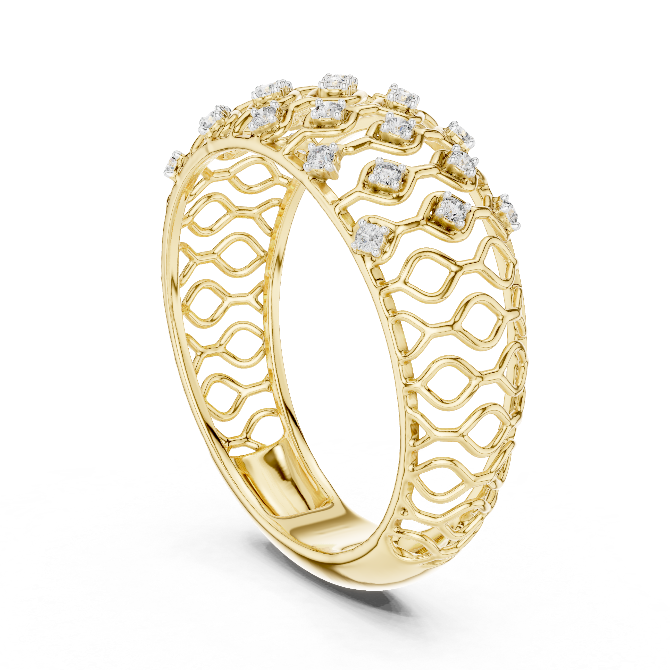 Round Cut Diamond Lattice Wide Band Ring