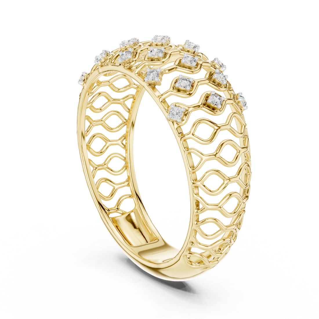 Round Cut Diamond Lattice Wide Band Ring