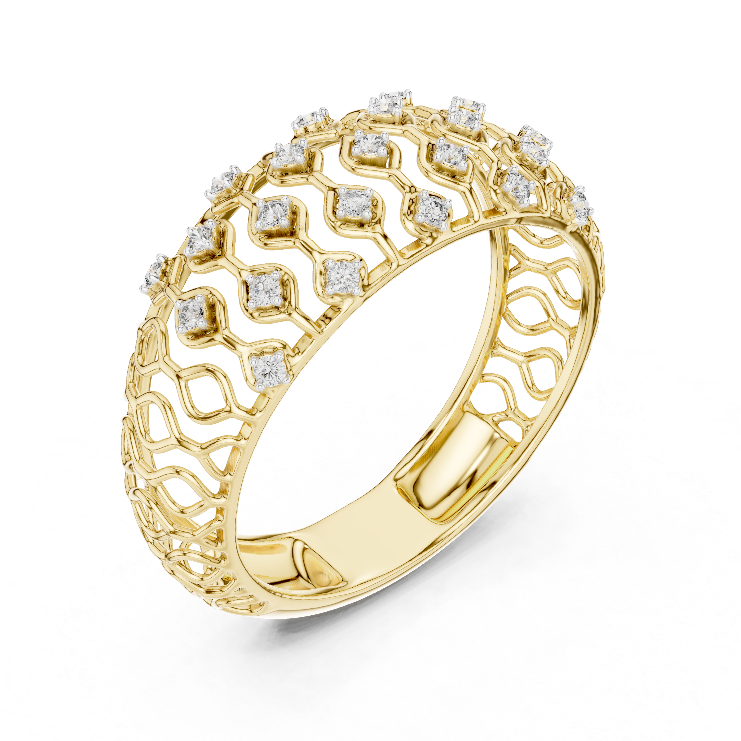 Round Cut Diamond Lattice Wide Band Ring