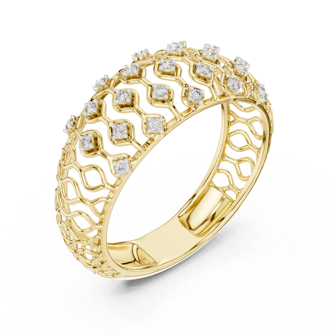 Round Cut Diamond Lattice Wide Band Ring