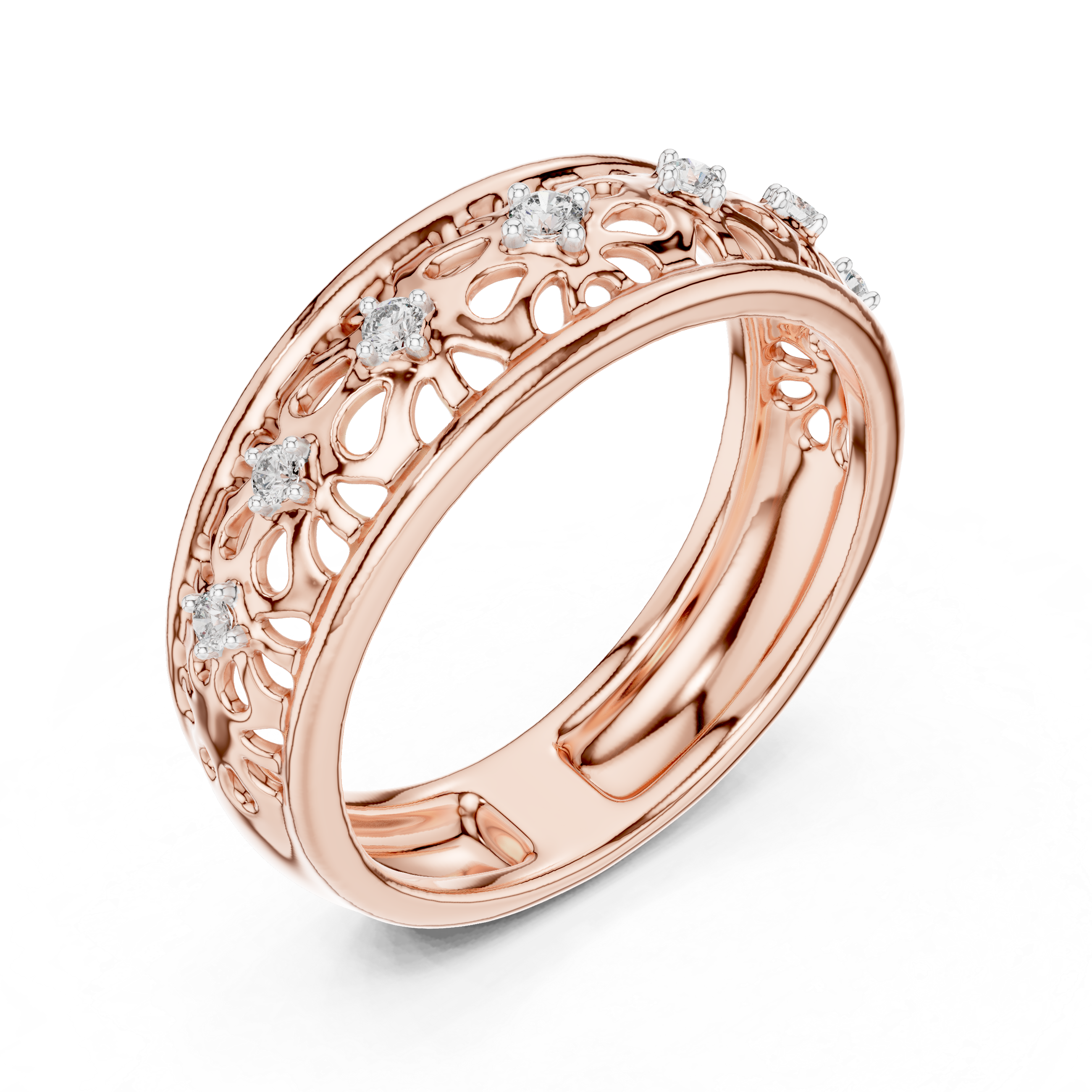 Round Cut Diamond Openwork Floral Band Ring