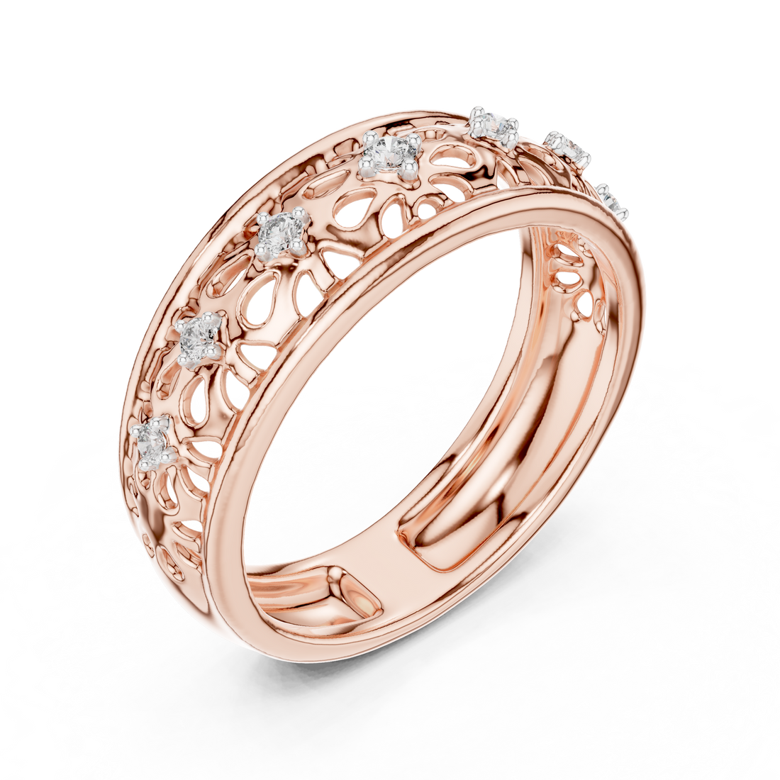 Round Cut Diamond Openwork Floral Band Ring