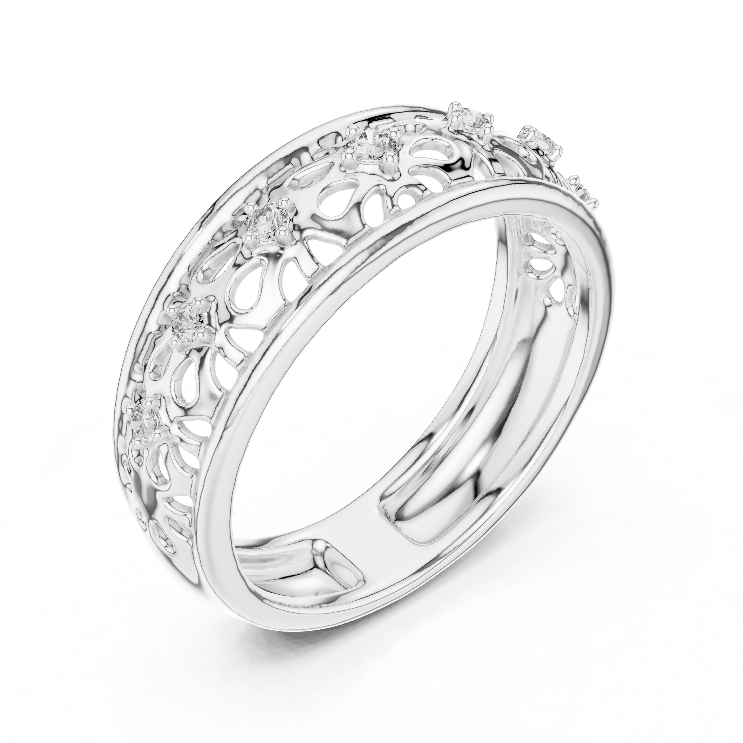 Round Cut Diamond Openwork Floral Band Ring