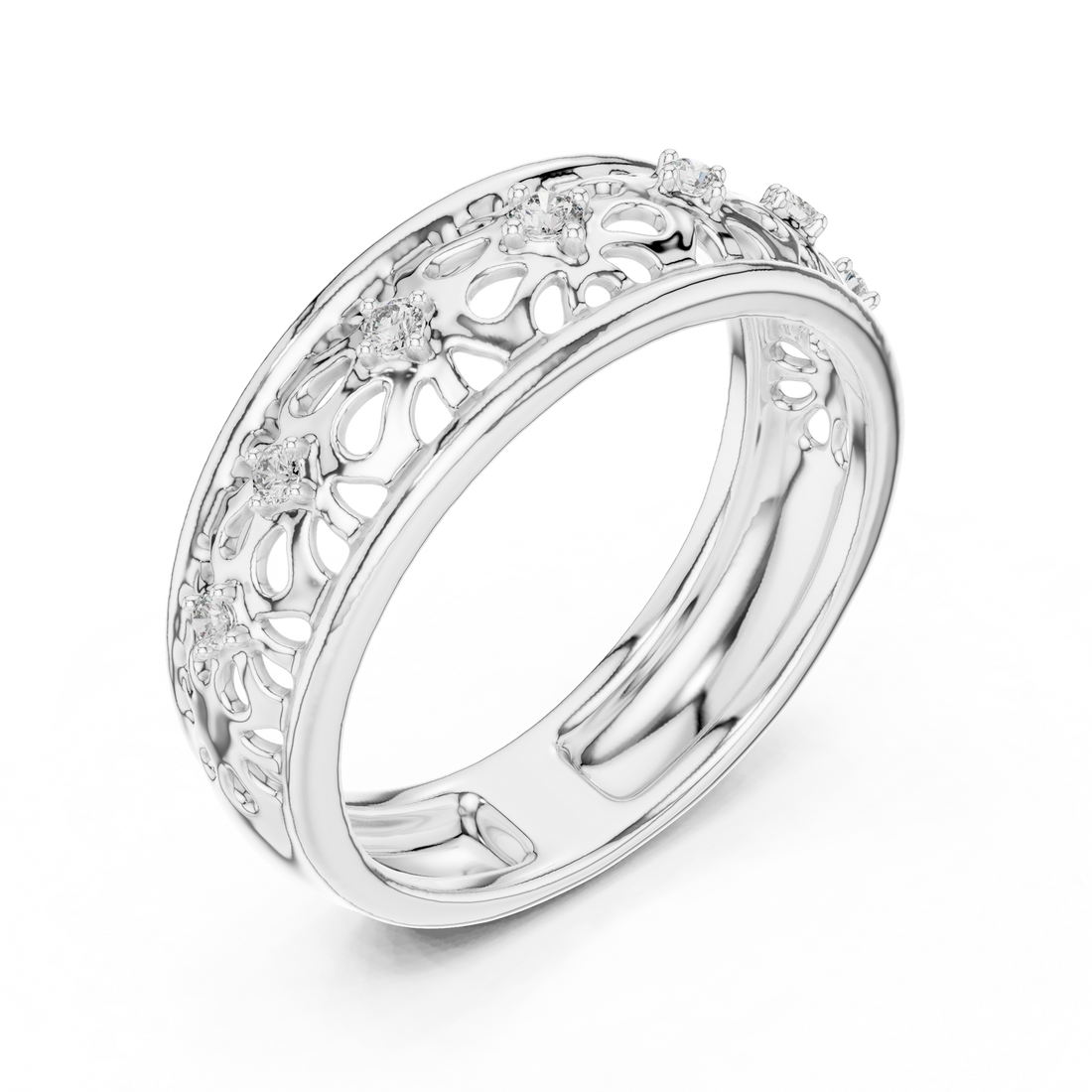 Round Cut Diamond Openwork Floral Band Ring