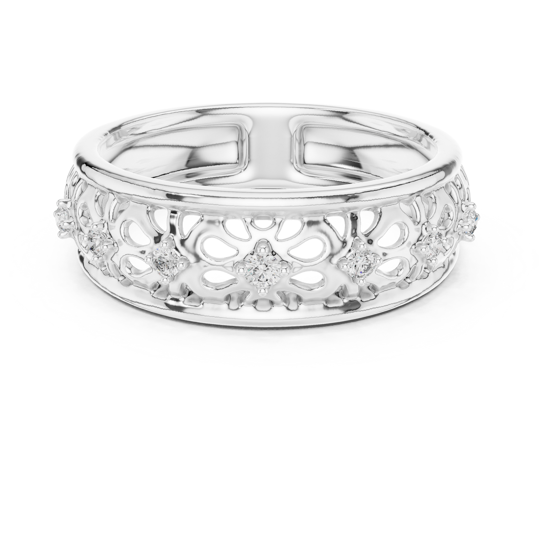 Round Cut Diamond Openwork Floral Band Ring