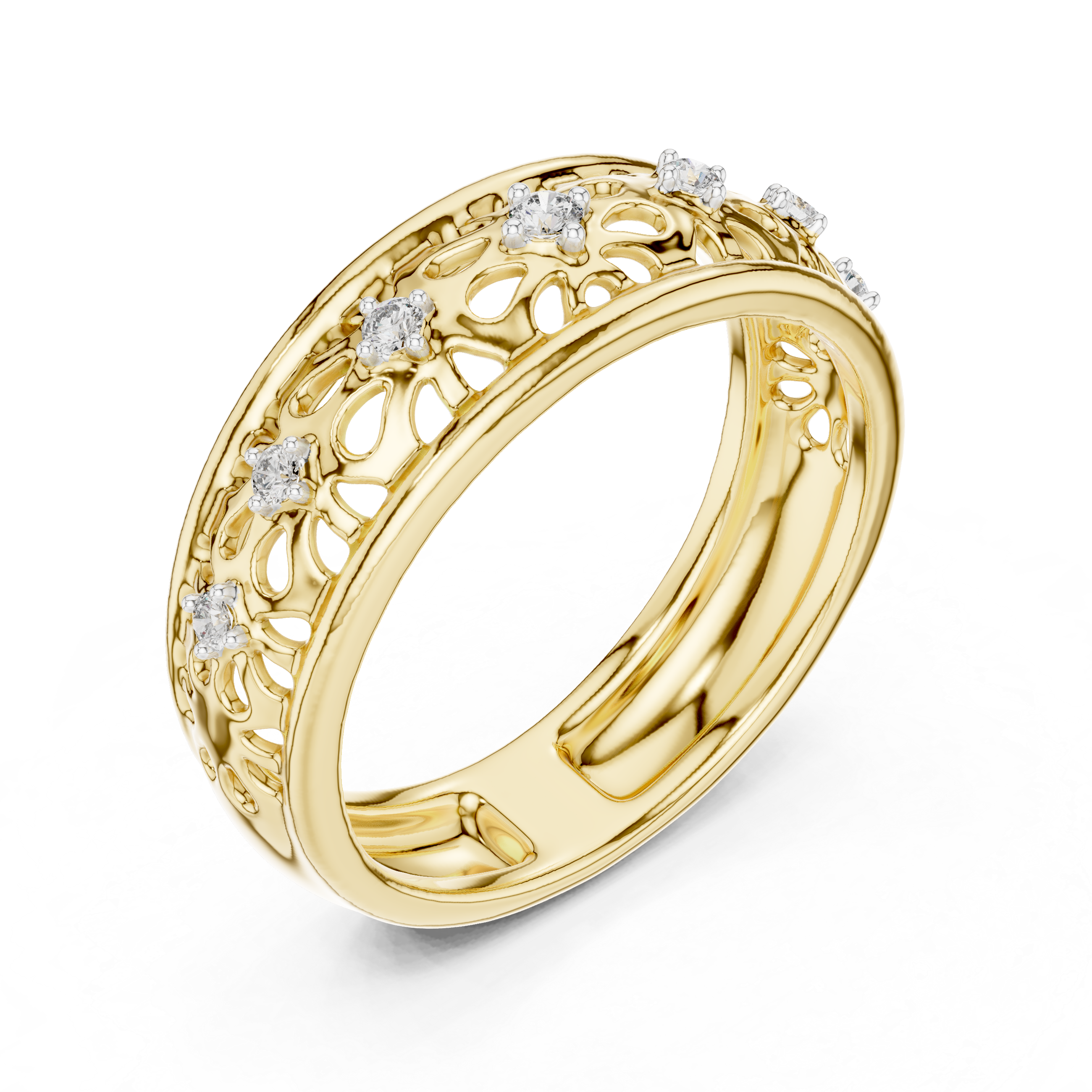 Round Cut Diamond Openwork Floral Band Ring