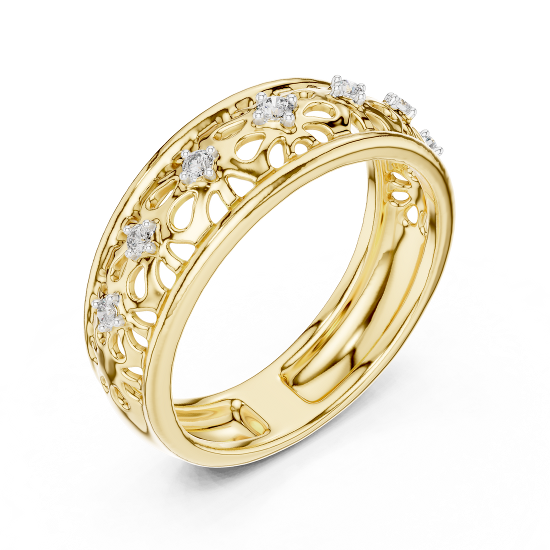 Round Cut Diamond Openwork Floral Band Ring