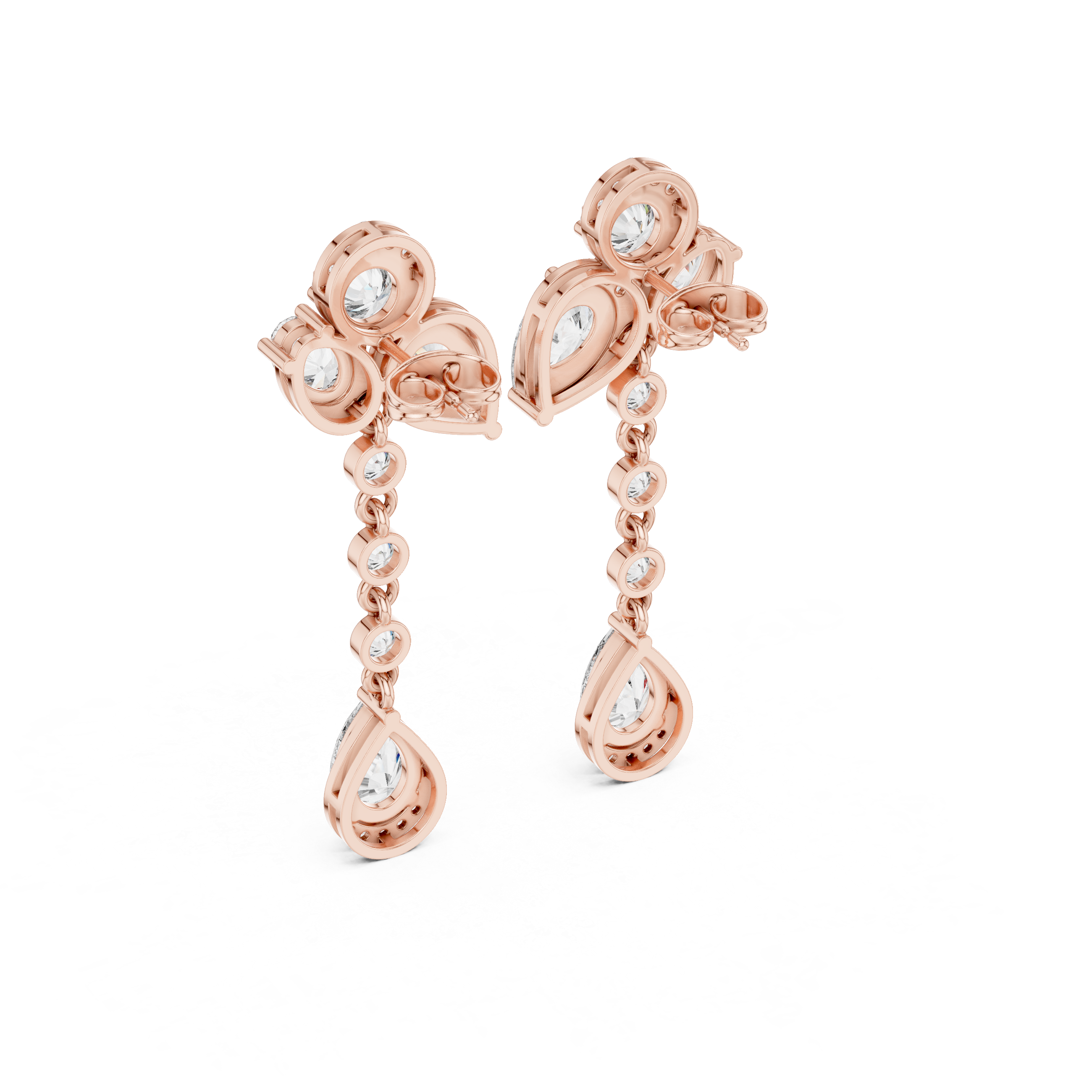 Elegant round oval and pear diamond chain drop earrings halo design