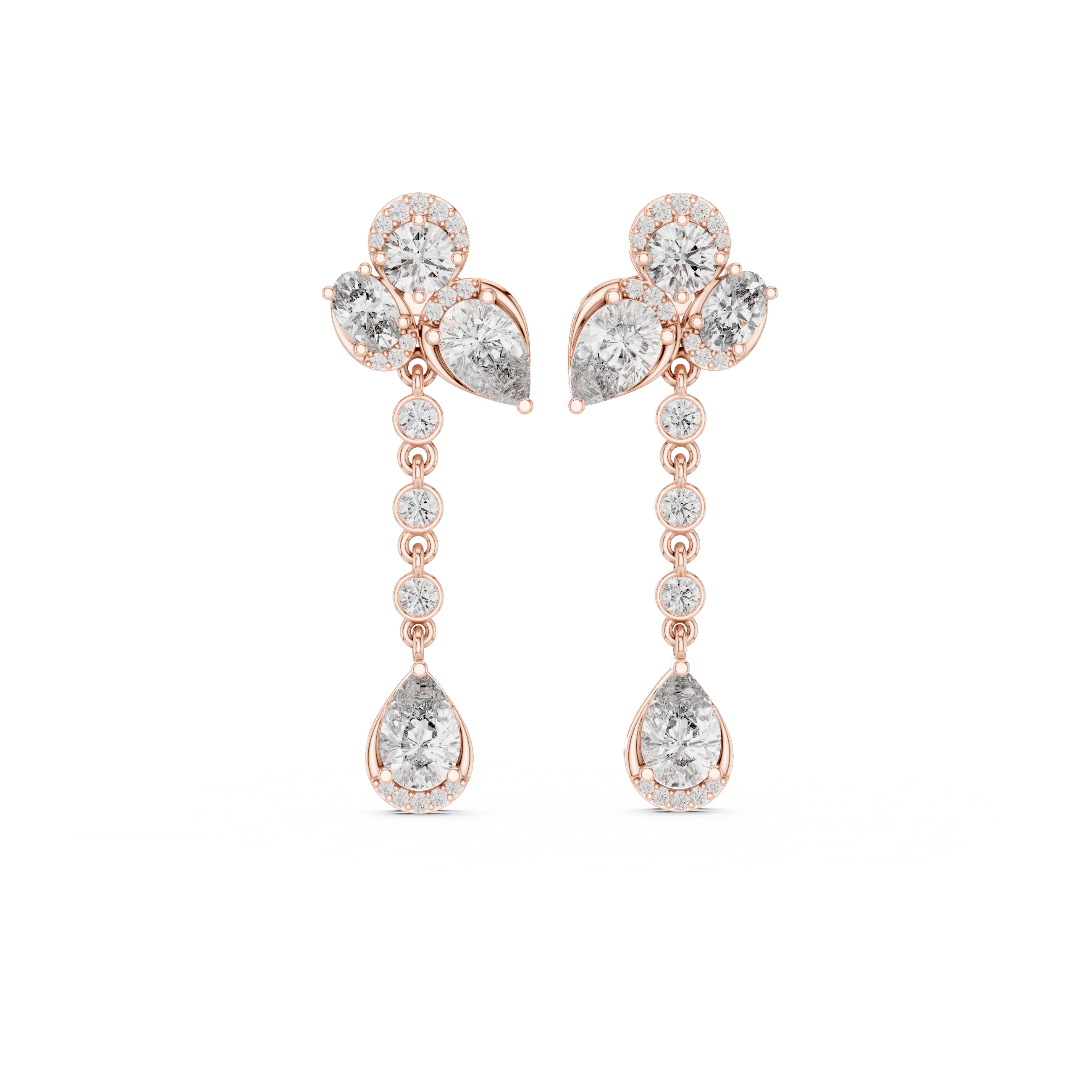 Round oval and pear diamond halo chain drop earrings