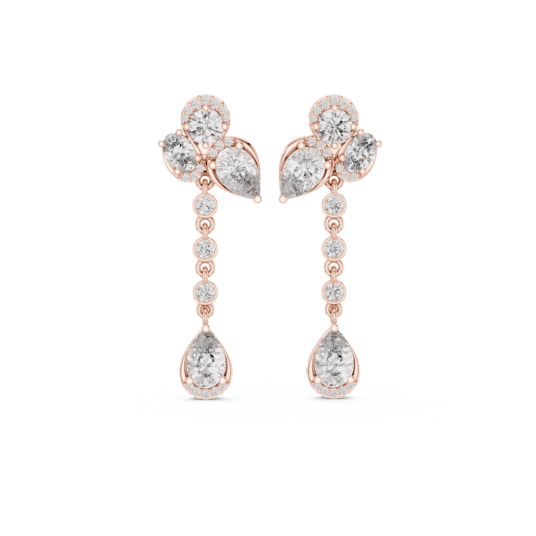 Round oval and pear diamond halo chain drop earrings
