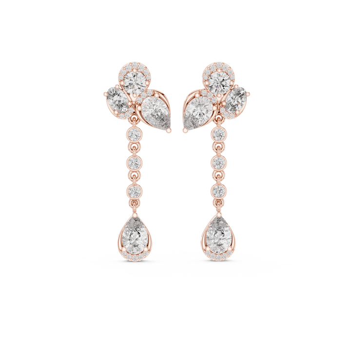 Round oval and pear diamond halo chain drop earrings