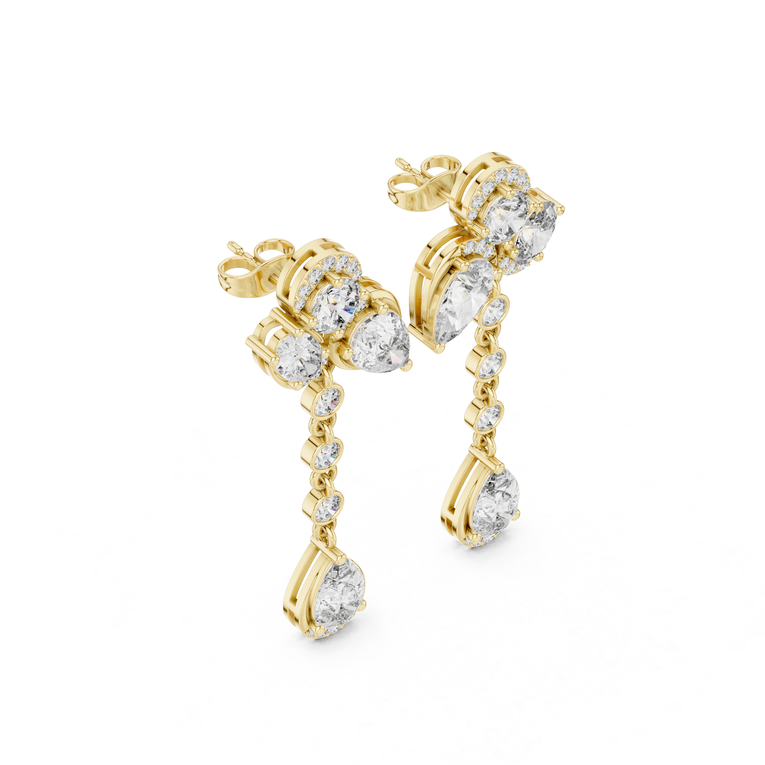 Brilliant round oval and pear diamond drop earrings with halo detail
