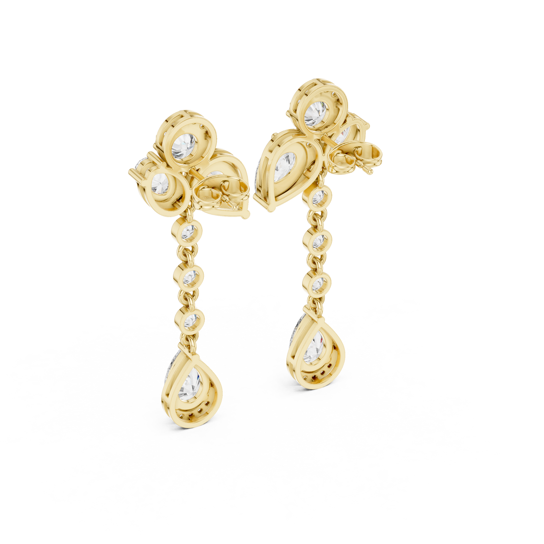 Round oval and pear diamond halo chain earrings modern elegant style