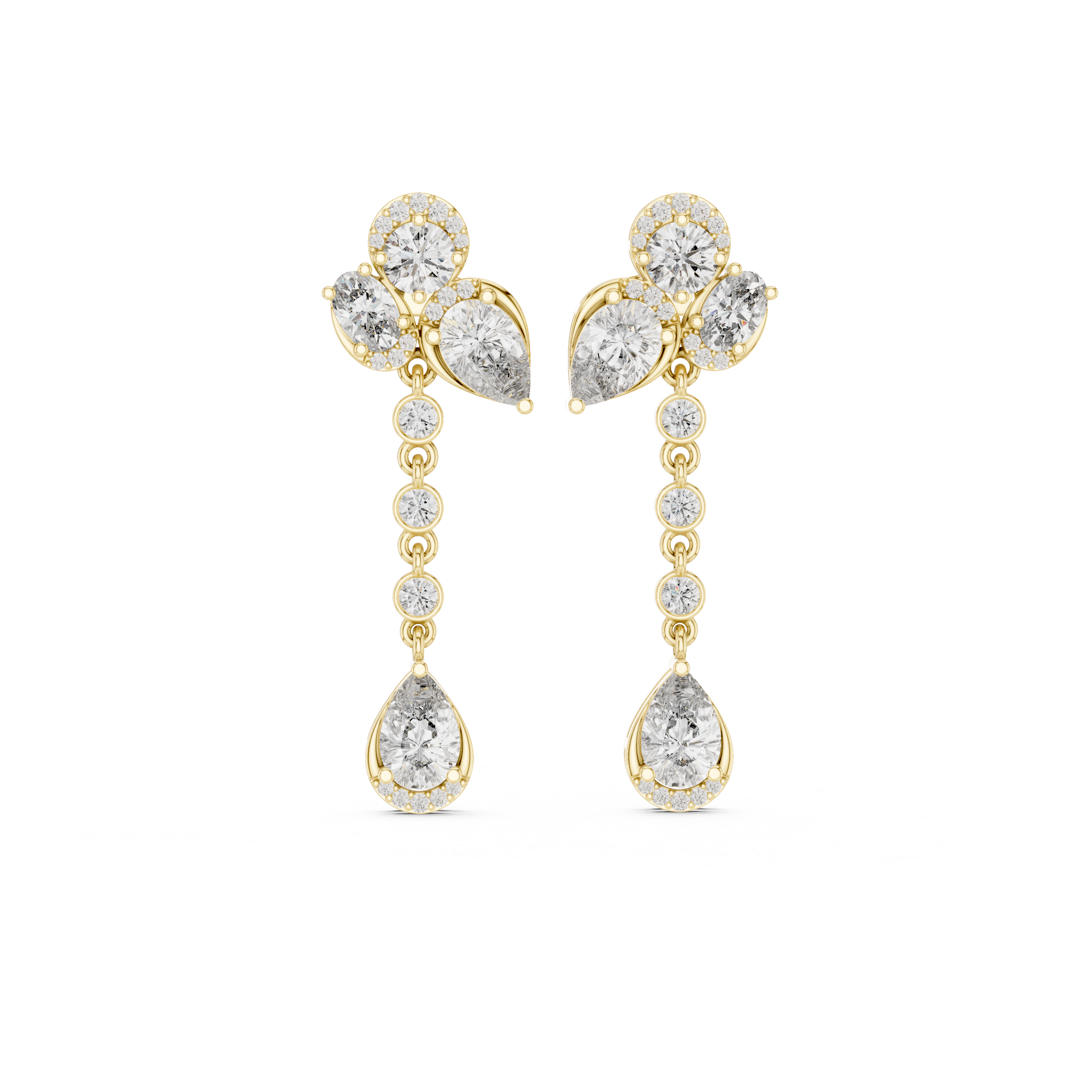 High shine round oval and pear diamond halo chain drop earrings